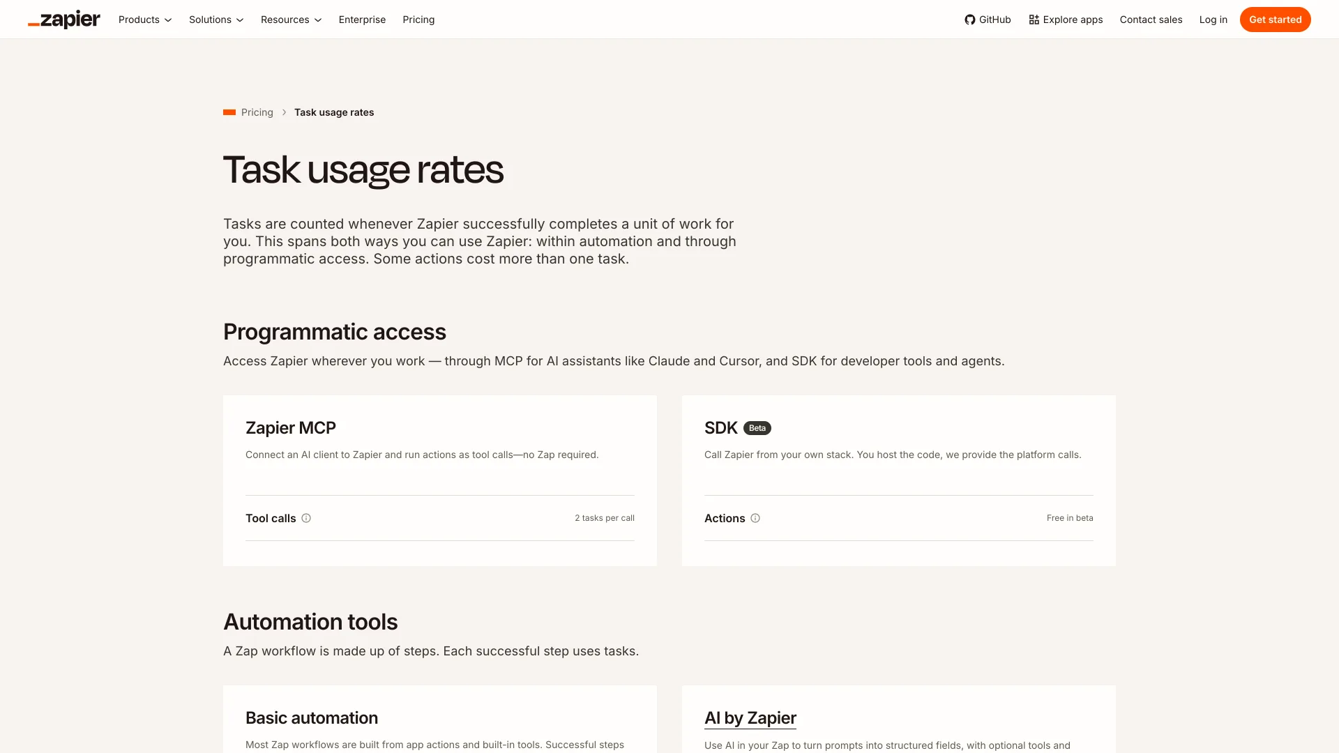 Zapier Task usage rates page listing MCP tool calls at 2 tasks per call