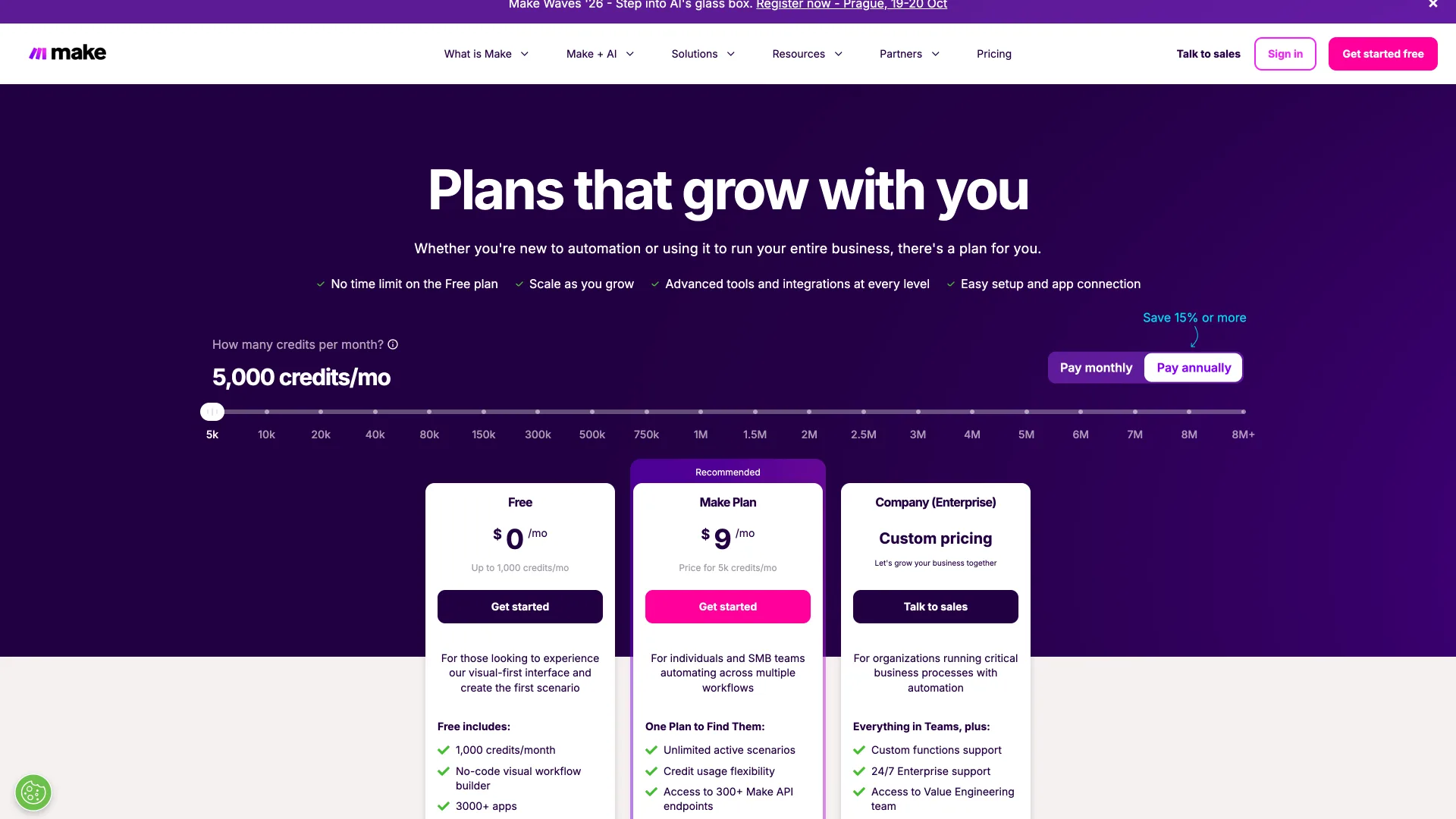 Make pricing page showing the Free plan, the Make Plan at $9 a month for 5,000 credits billed annually, and Company (Enterprise)