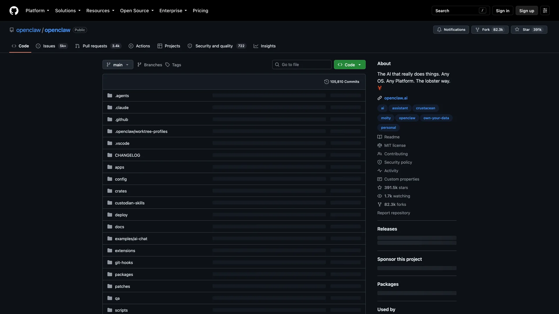 OpenClaw GitHub repository with its MIT license and star count