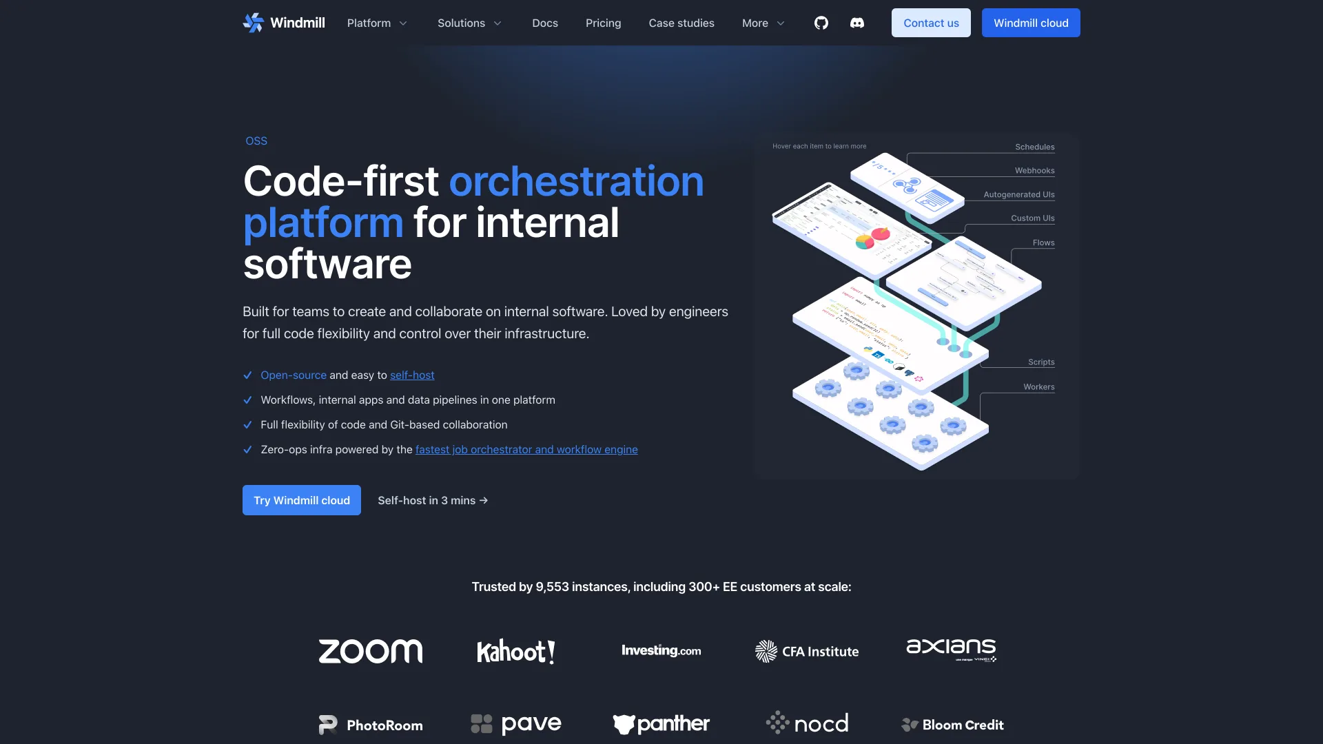 Windmill homepage describing a code-first orchestration platform for internal software