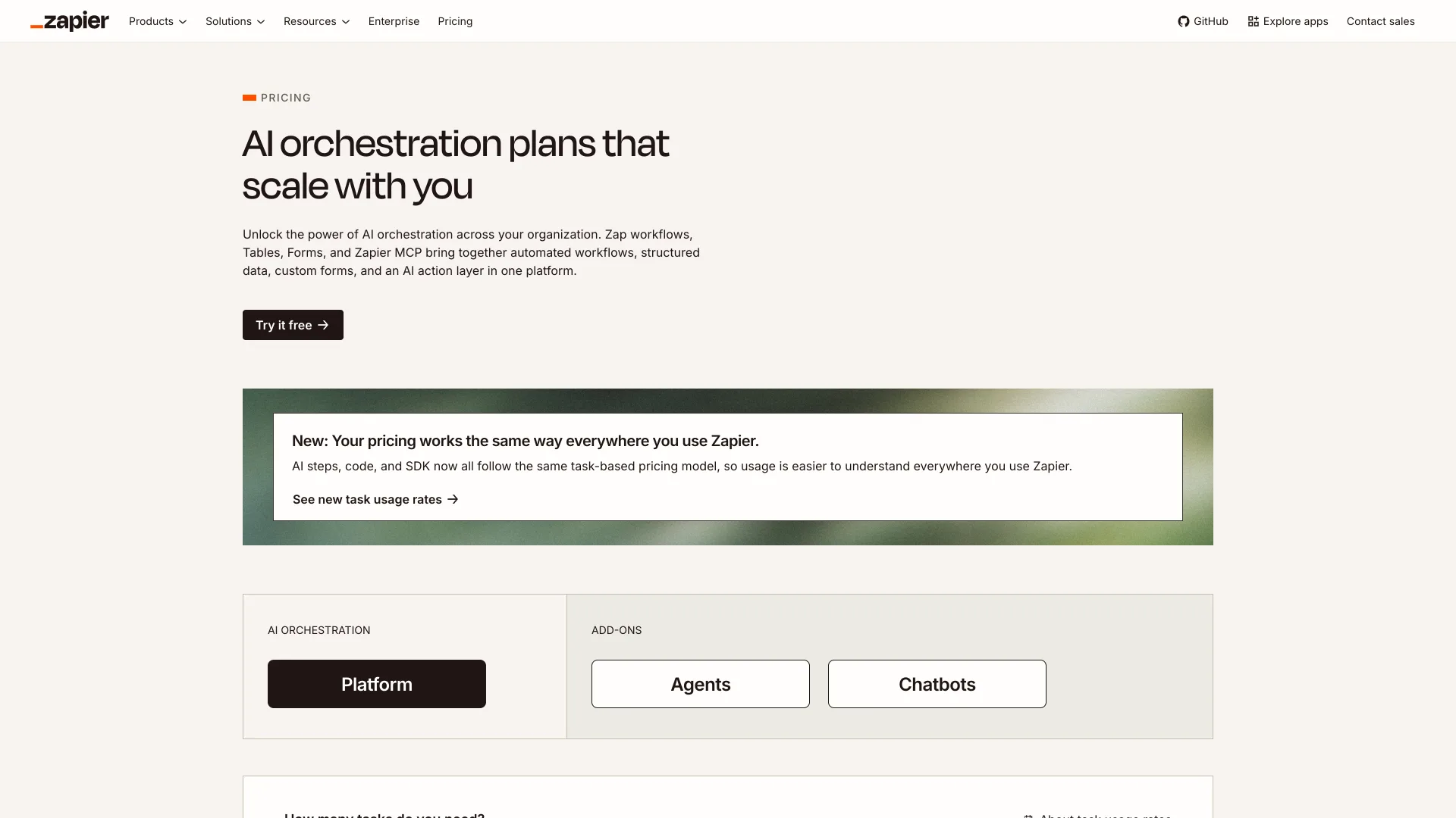 Zapier pricing page headed AI orchestration plans, noting that AI steps, code and SDK now use task-based pricing