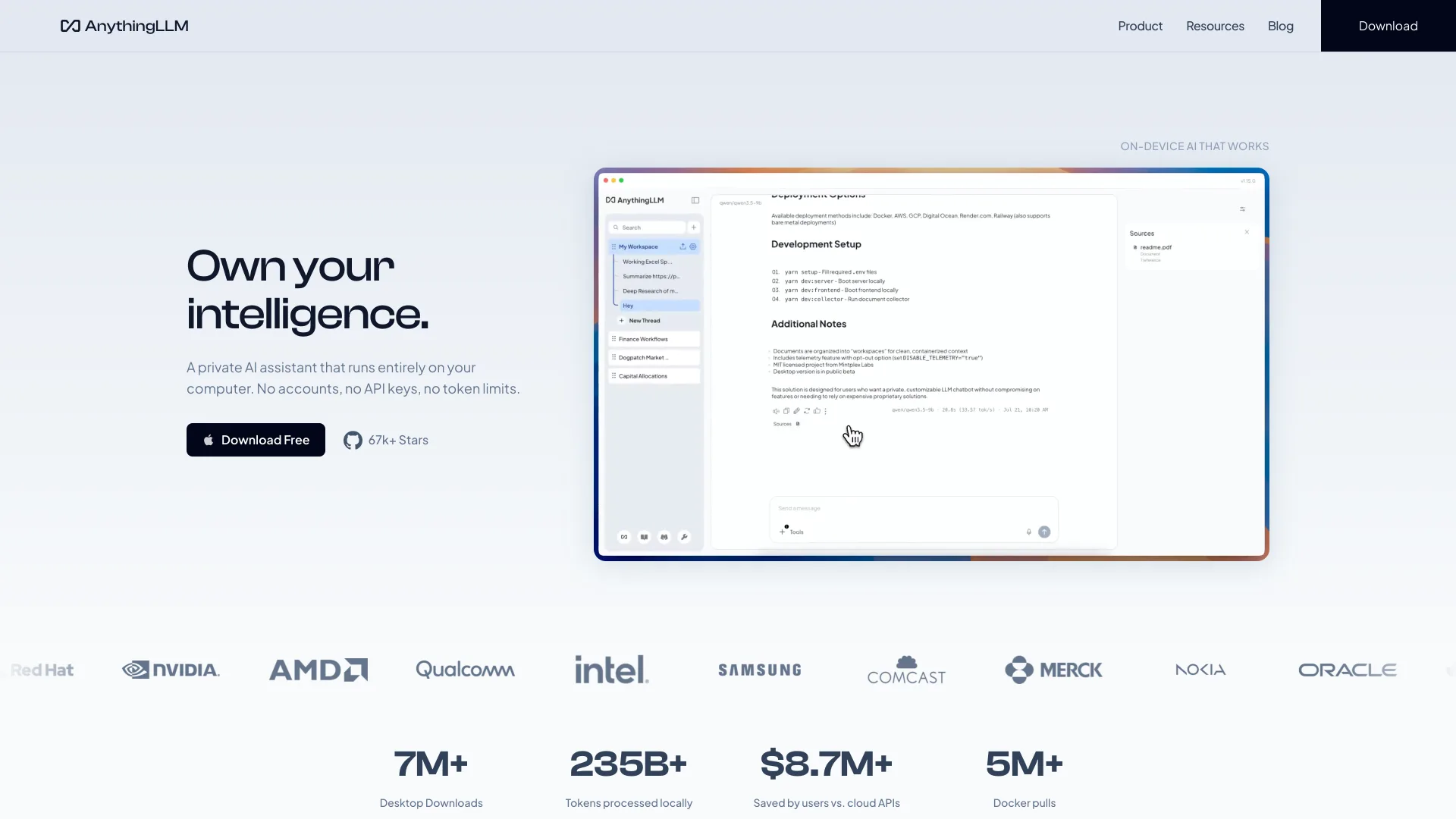 AnythingLLM homepage headlined "Own your intelligence." with a Download Free button and a screenshot of the desktop app