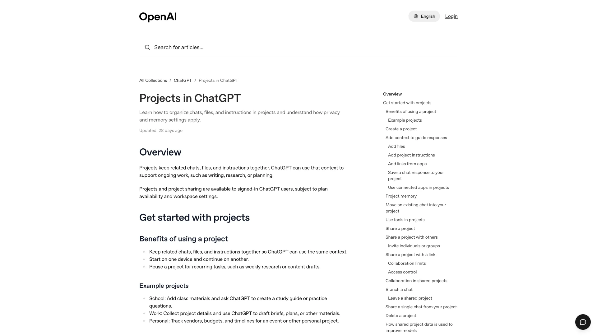 OpenAI Help Center article "Projects in ChatGPT" open at its Overview section