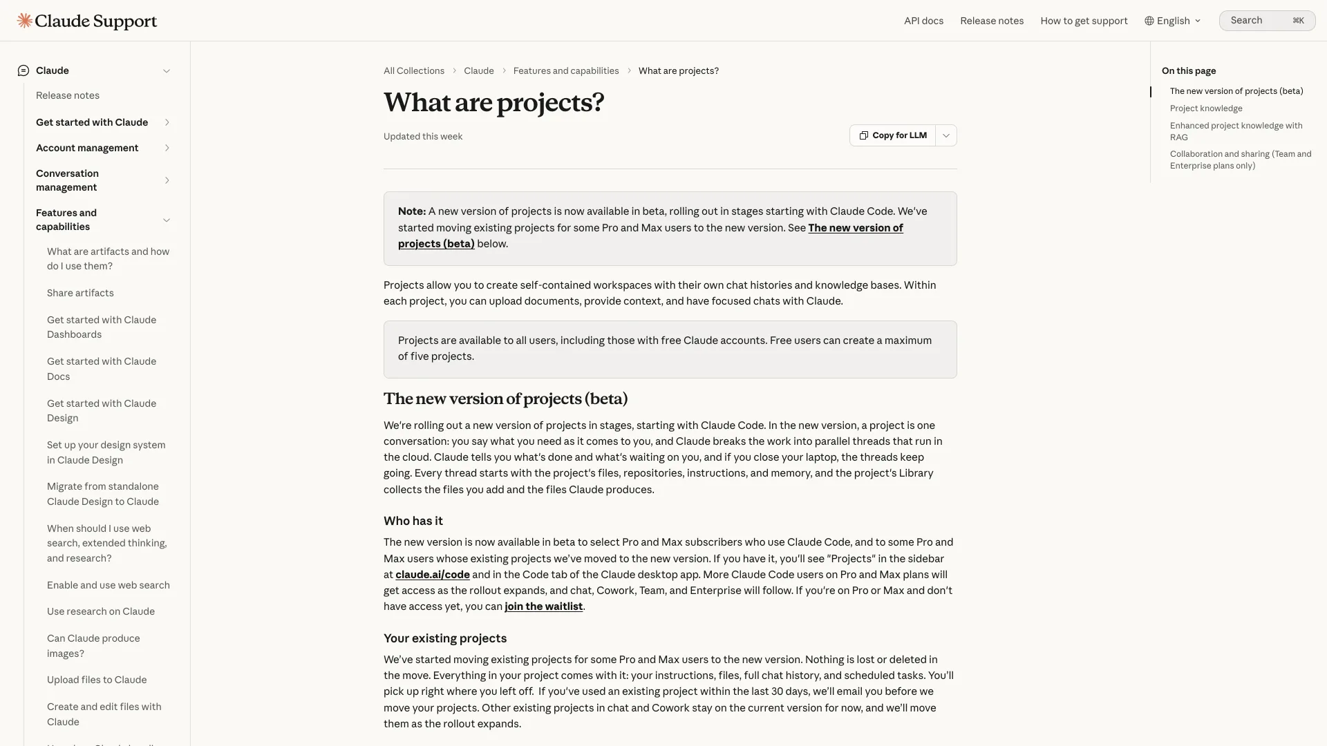 Claude Help Center article "What are projects?" noting that free users can create a maximum of five projects