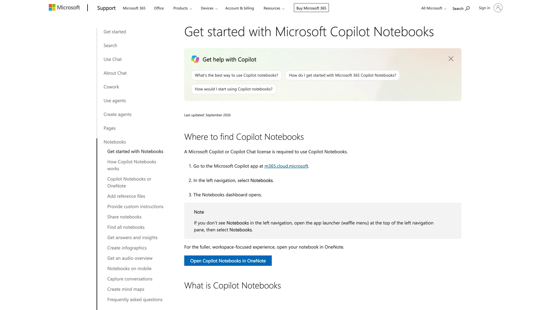 Microsoft Support page "Get started with Microsoft Copilot Notebooks", last updated September 2026