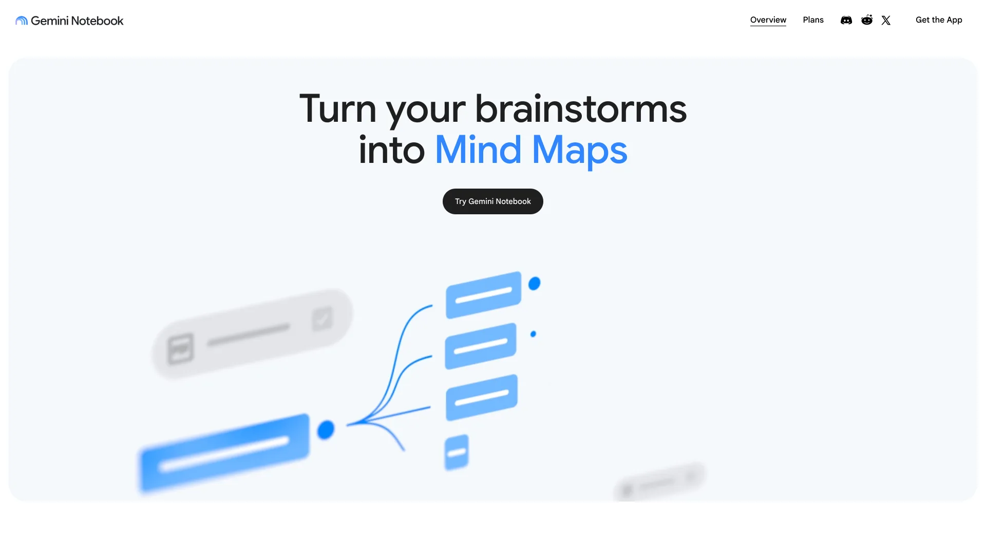 Gemini Notebook homepage at notebook.google headlined "Turn your brainstorms into Mind Maps" with a Try Gemini Notebook button