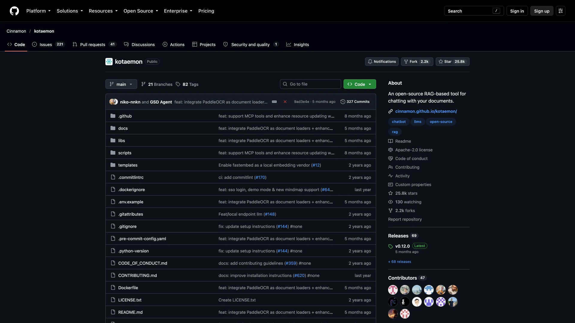 kotaemon GitHub repository page showing the Apache-2.0 license, 25.8k stars and v0.12.0 as the latest release