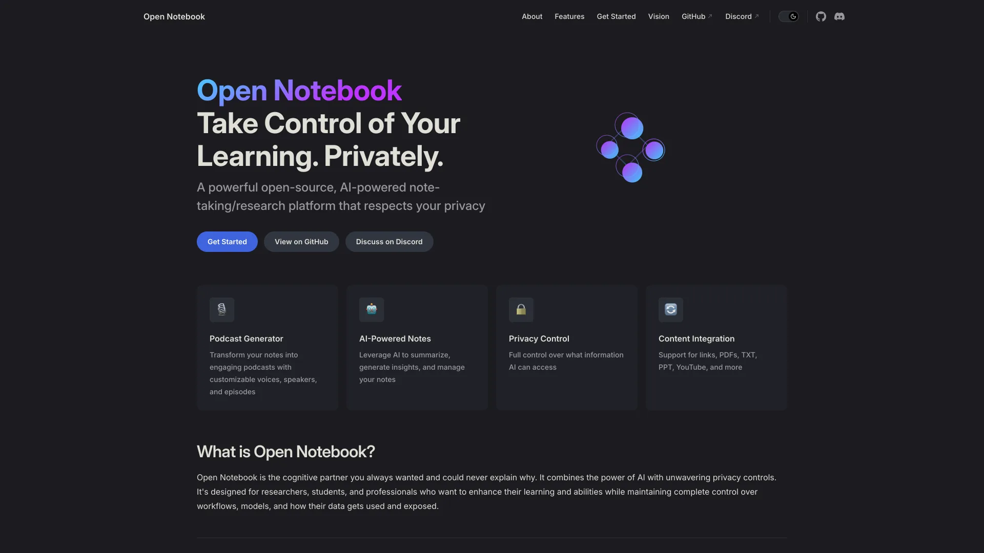Open Notebook homepage headlined "Take Control of Your Learning. Privately." with Podcast Generator, AI-Powered Notes, Privacy Control and Content Integration cards