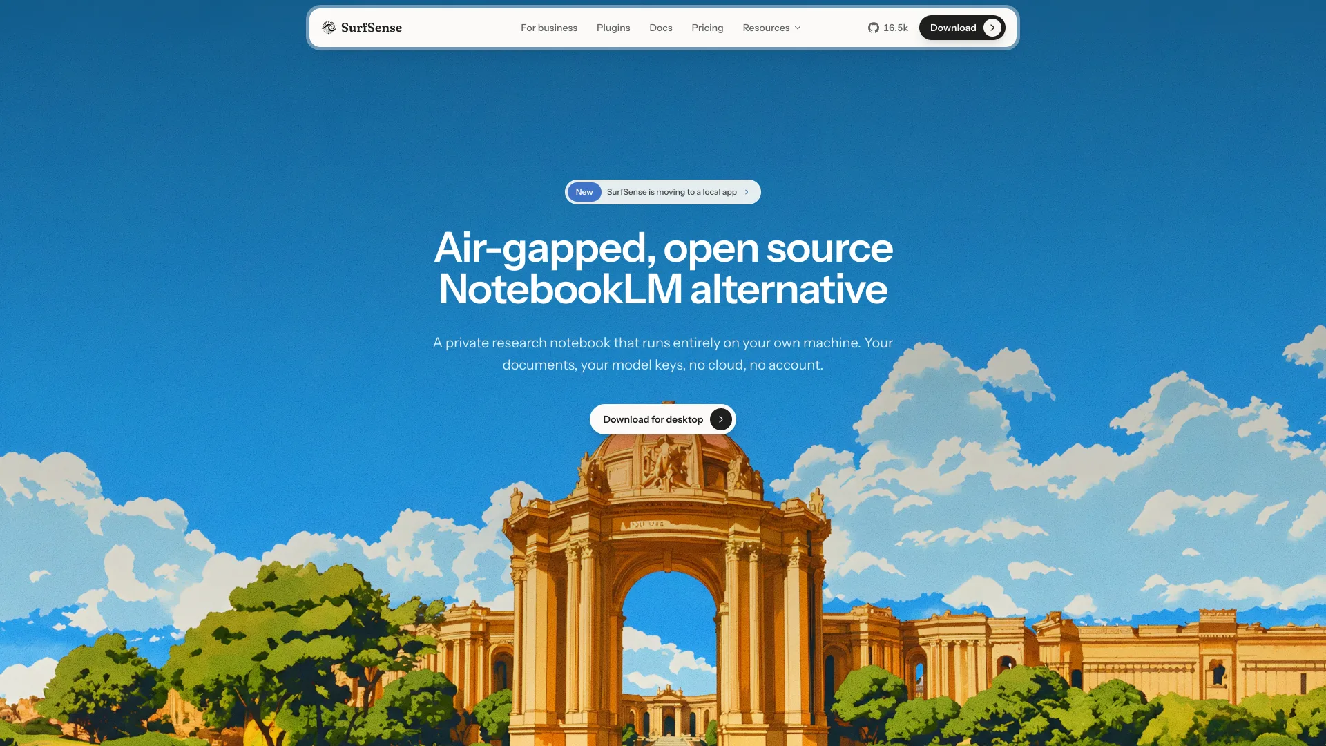 SurfSense homepage headlined "Air-gapped, open source NotebookLM alternative" with a "SurfSense is moving to a local app" notice and a Download for desktop button