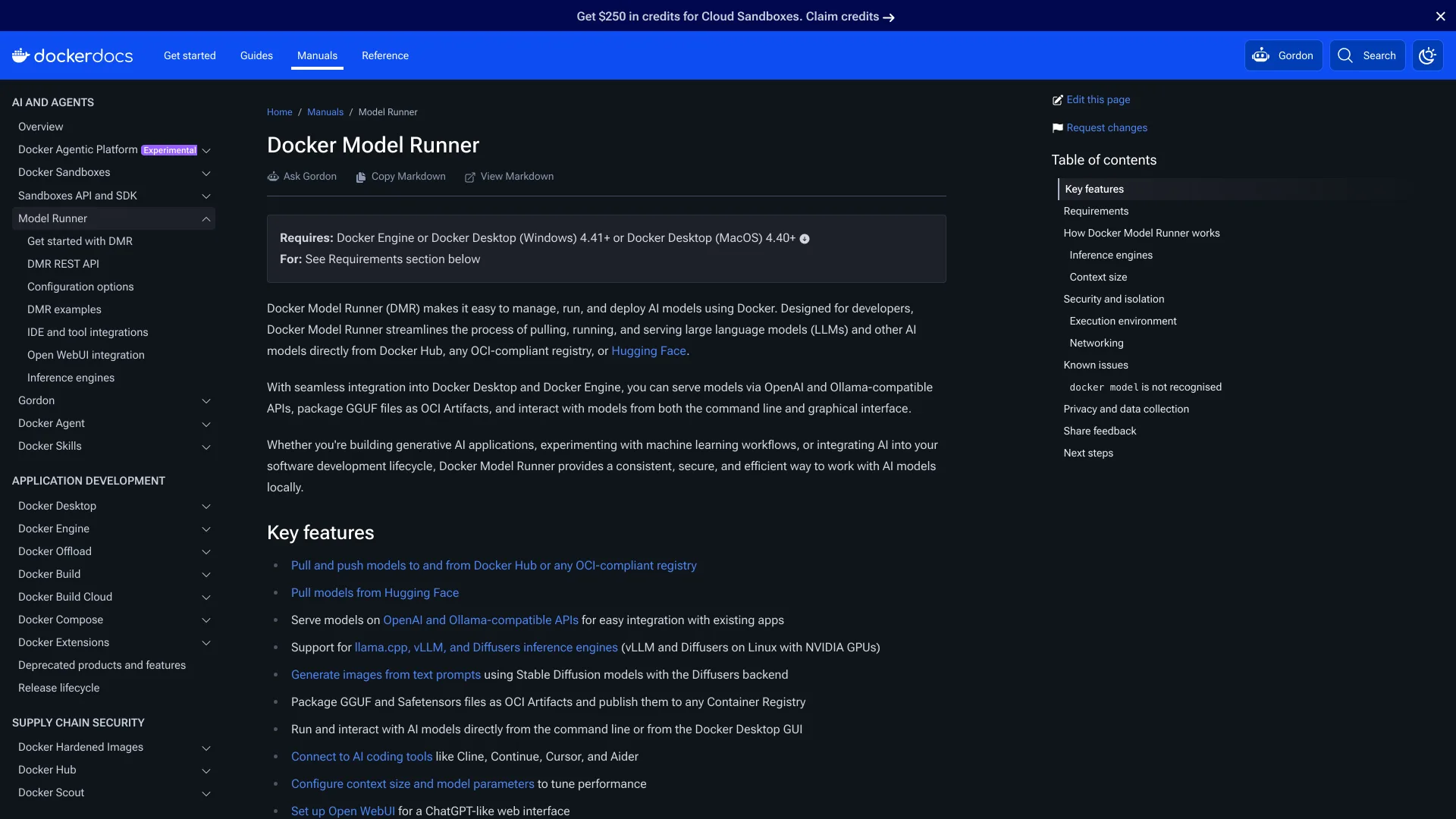 Docker documentation page for Docker Model Runner listing OpenAI- and Ollama-compatible APIs and its inference engines