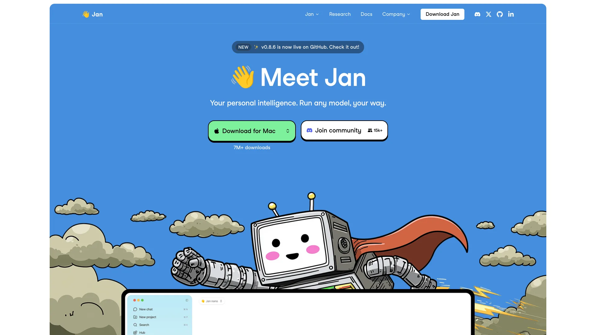 Jan homepage reading "Your personal intelligence. Run any model, your way" with a Download for Mac button and 7M+ downloads