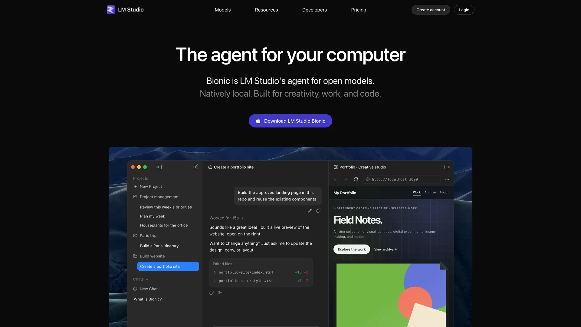 LM Studio homepage reading "The agent for your computer" above a Download LM Studio Bionic button and the app window