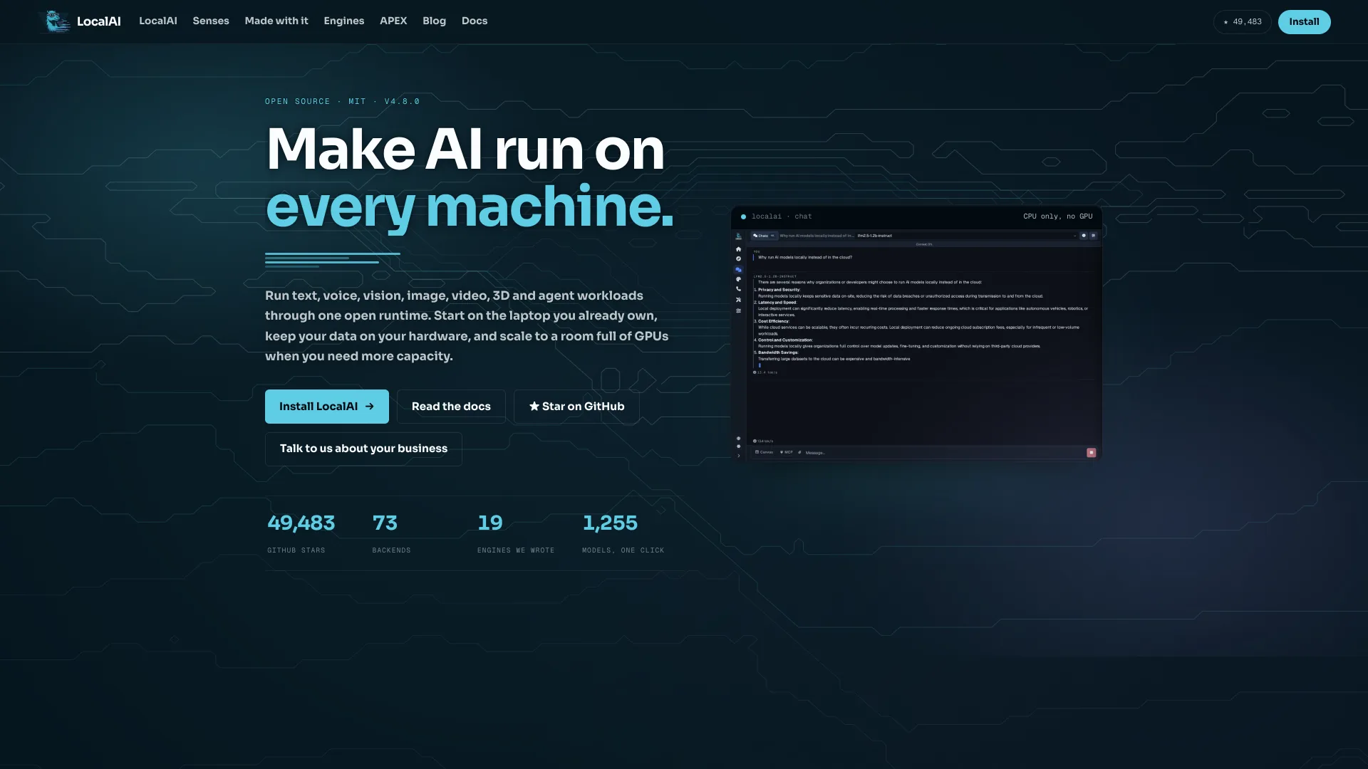 LocalAI homepage reading "Make AI run on every machine" with counts of GitHub stars, backends and models