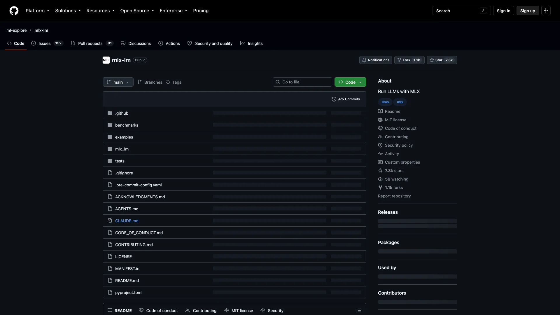 MLX LM GitHub repository described as "Run LLMs with MLX" with the MIT license and 7.3k stars