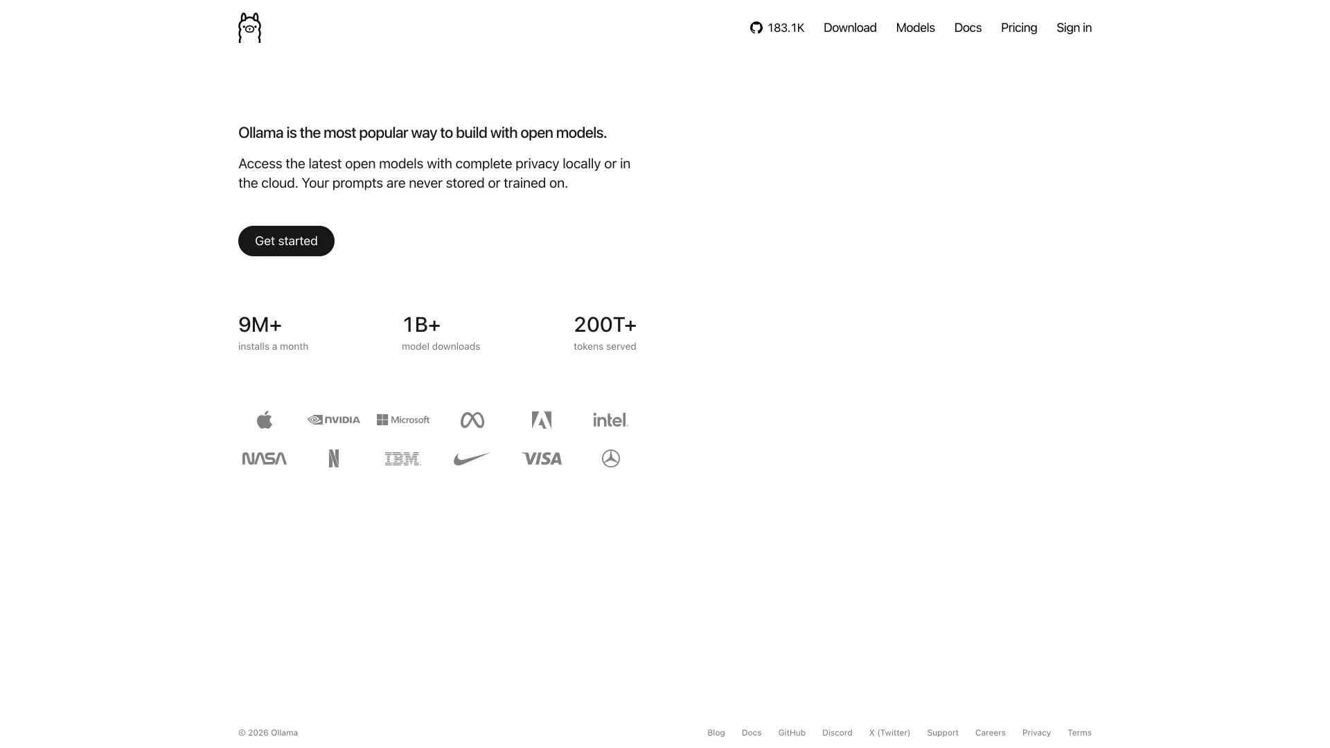 Ollama homepage reading "Ollama is the most popular way to build with open models" with 9M+ monthly installs and 1B+ model downloads