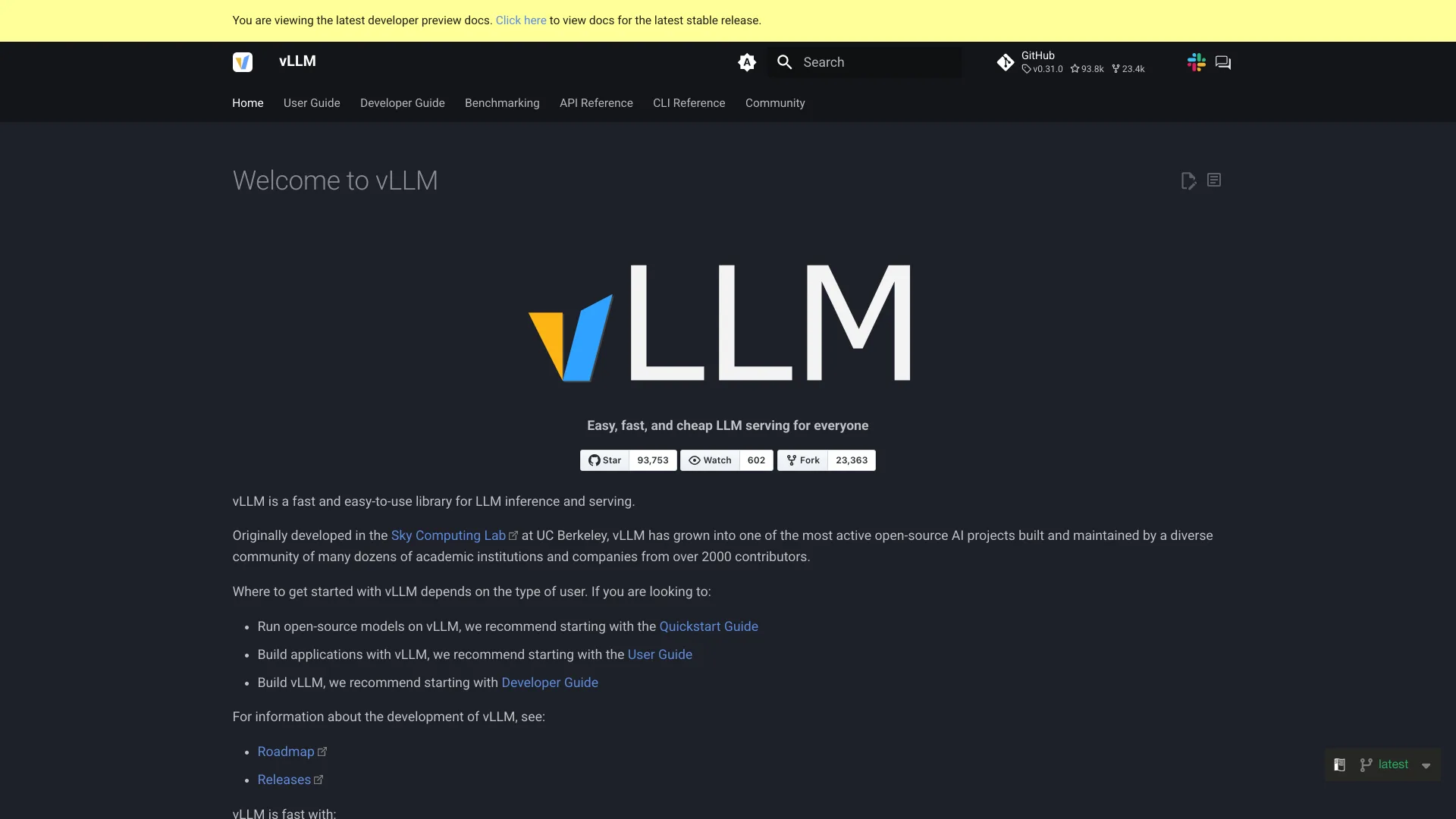 vLLM documentation home page with the tagline "Easy, fast, and cheap LLM serving for everyone"