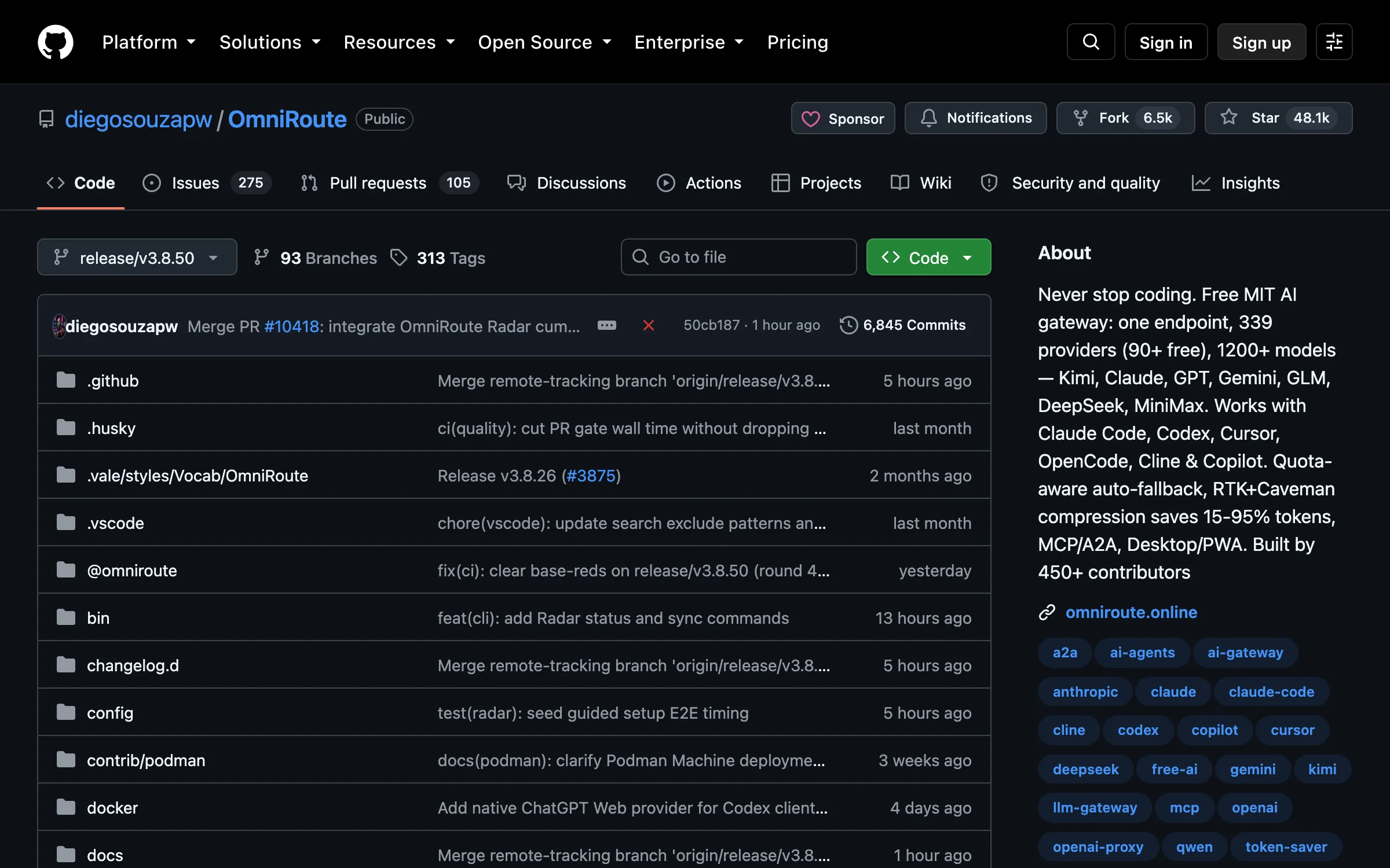The diegosouzapw/OmniRoute repository on GitHub showing 48.1k stars, 6.5k forks, 6,845 commits with the most recent an hour earlier, and a description of a free MIT AI gateway covering 339 providers and 1200+ models
