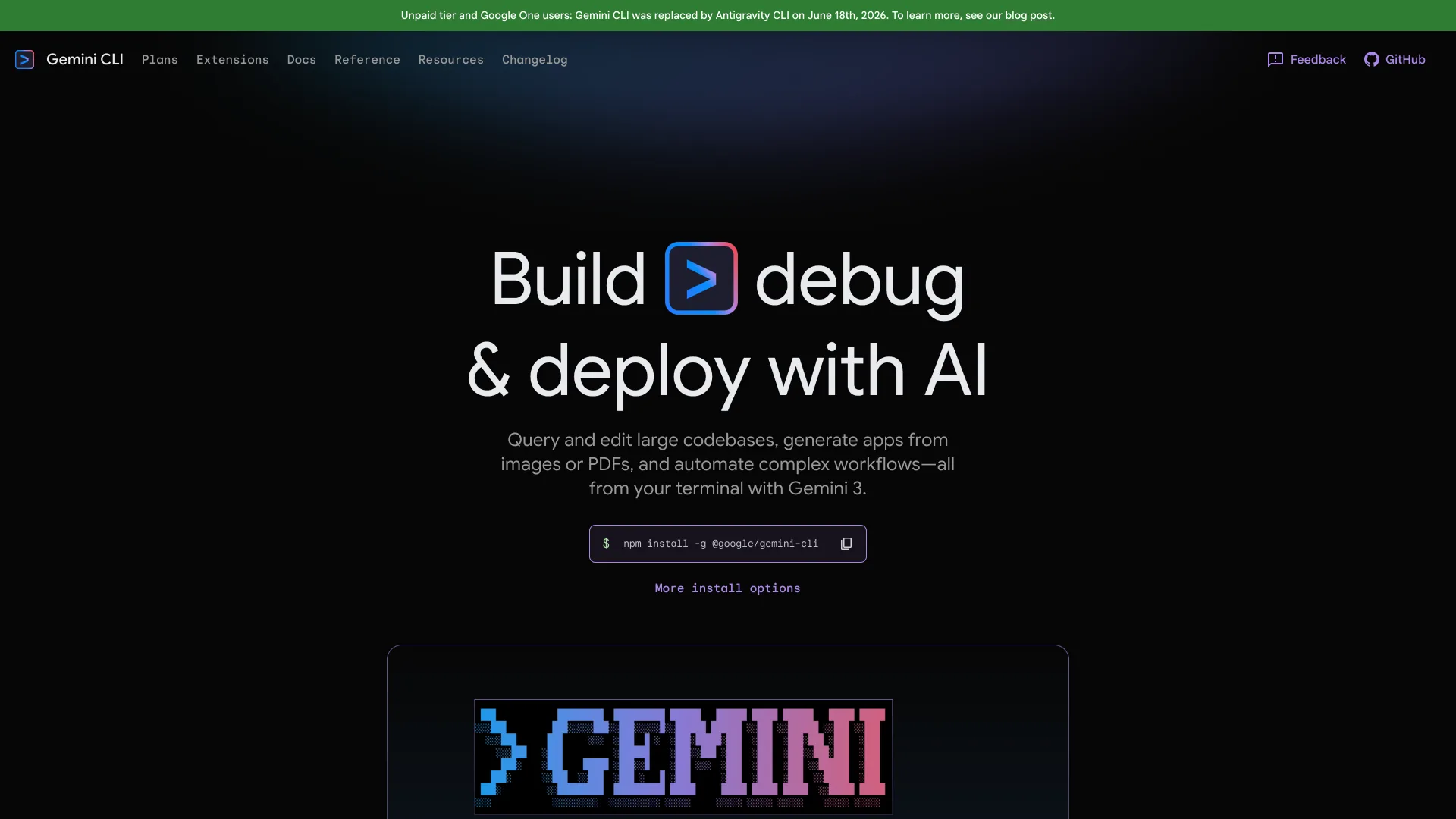The geminicli.com homepage, with a banner saying Gemini CLI was replaced by Antigravity CLI for unpaid users on June 18, 2026