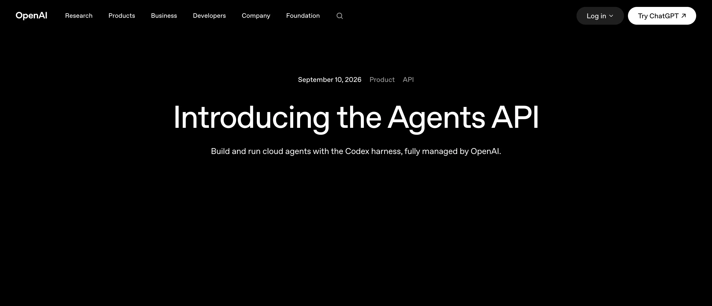 OpenAI announcement page headlined "Introducing the Agents API" dated September 10, 2026, with the subtitle "Build and run cloud agents with the Codex harness, fully managed by OpenAI"