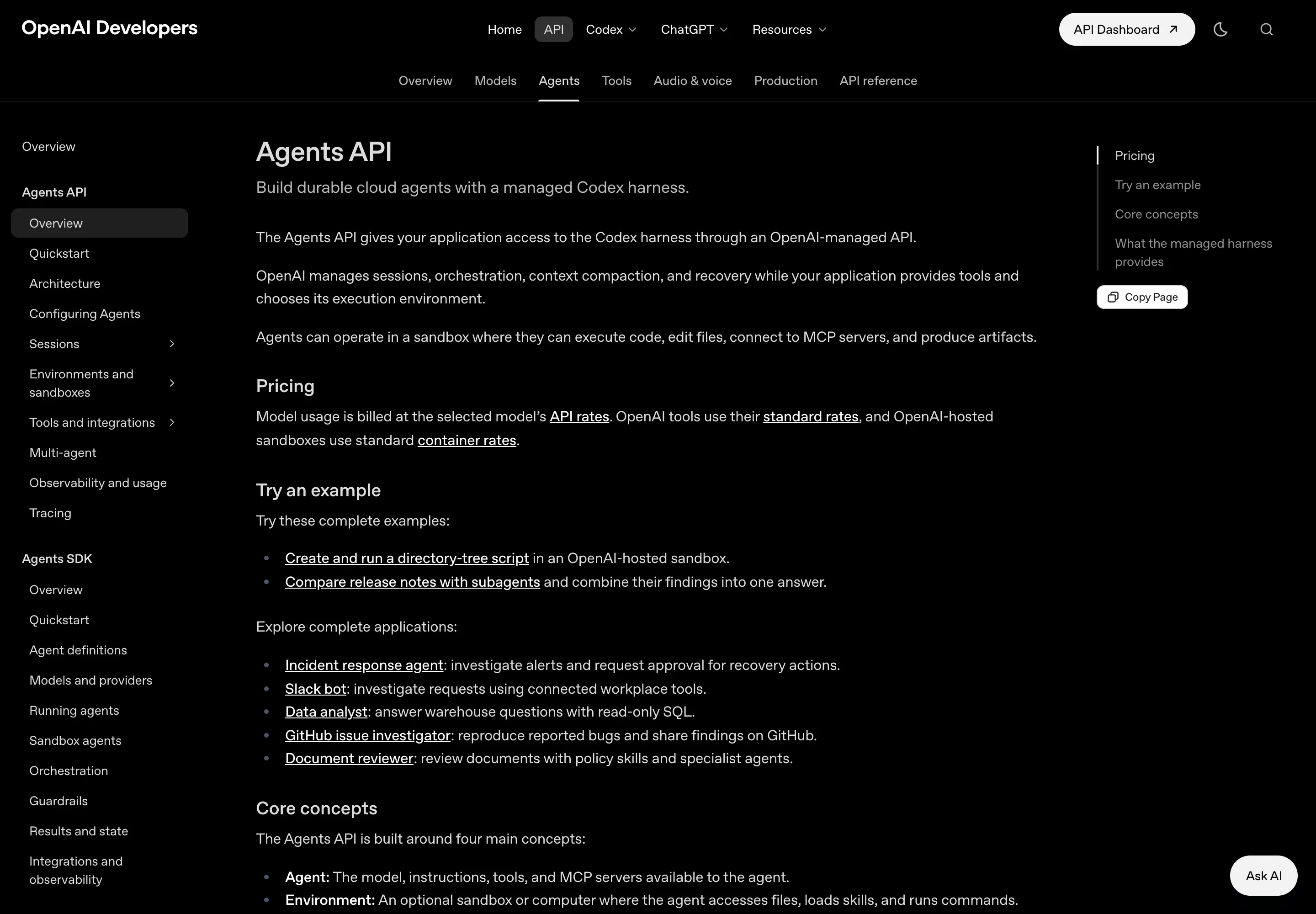 OpenAI Agents API documentation page headed "Build durable cloud agents with a managed Codex harness", showing the pricing section stating that model usage bills at API rates and OpenAI-hosted sandboxes use standard container rates