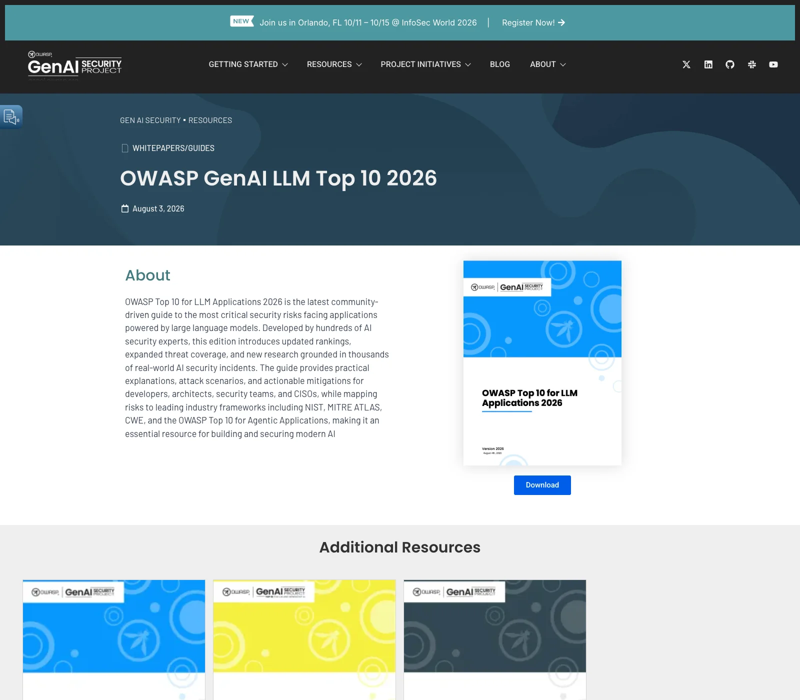 The official OWASP GenAI Security Project page for the OWASP GenAI LLM Top 10 2026 whitepaper, dated August 3, 2026