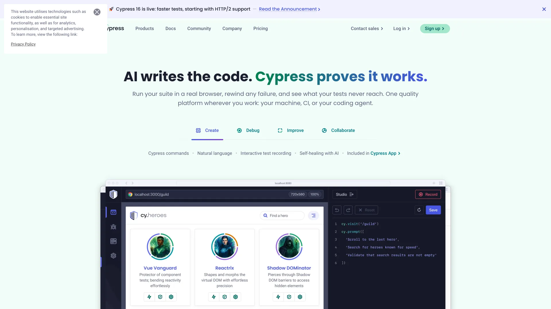 Cypress homepage headline reading "AI writes the code. Cypress proves it works." above the Create, Debug, Improve, Collaborate tabs and a Cypress Studio demo