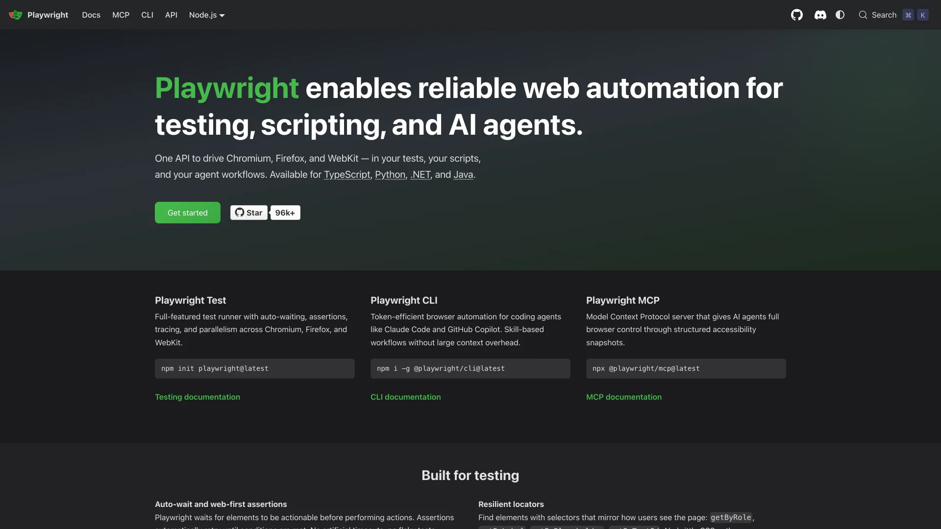 Playwright homepage headline reading "Playwright enables reliable web automation for testing, scripting, and AI agents" above the Playwright Test, CLI and MCP install cards