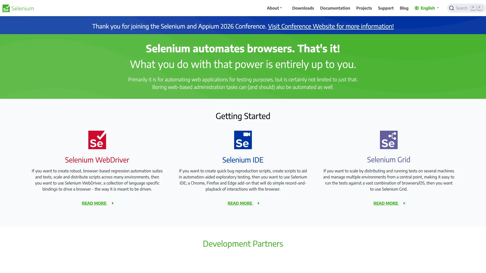 Selenium homepage green banner reading "Selenium automates browsers. That's it!" above the Selenium WebDriver, IDE and Grid cards