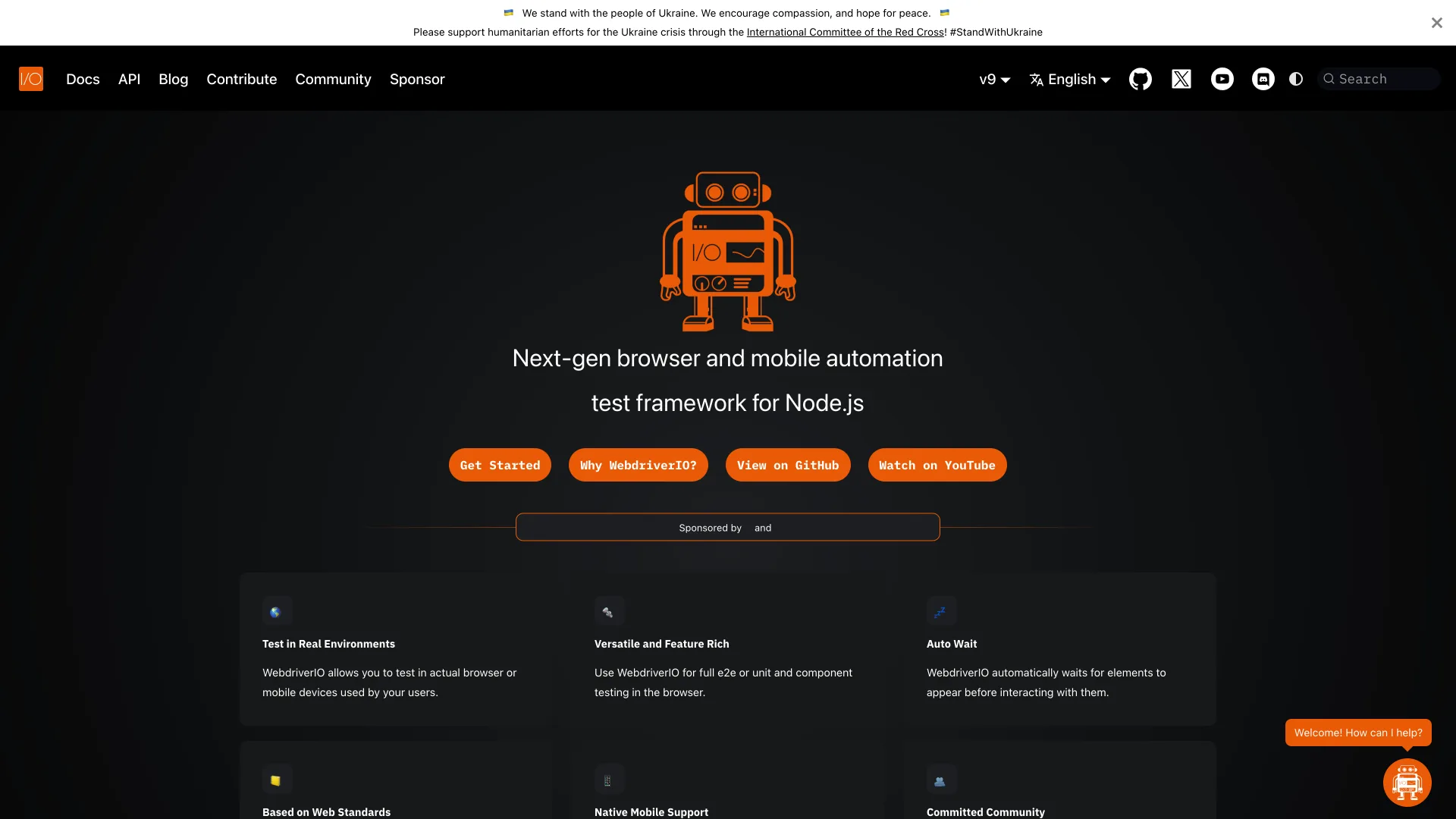 WebdriverIO homepage with its robot mascot above the tagline "Next-gen browser and mobile automation test framework for Node.js" and its feature cards