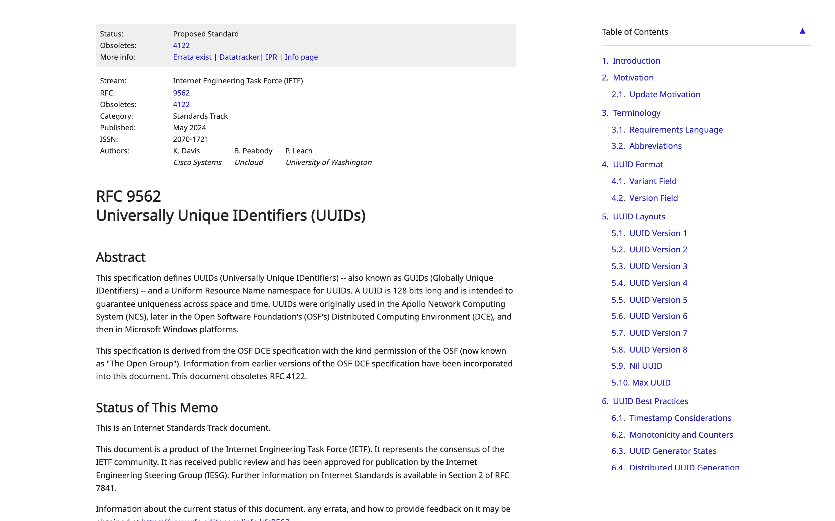 The RFC Editor page for RFC 9562, the Universally Unique IDentifiers specification, used here as the test corpus