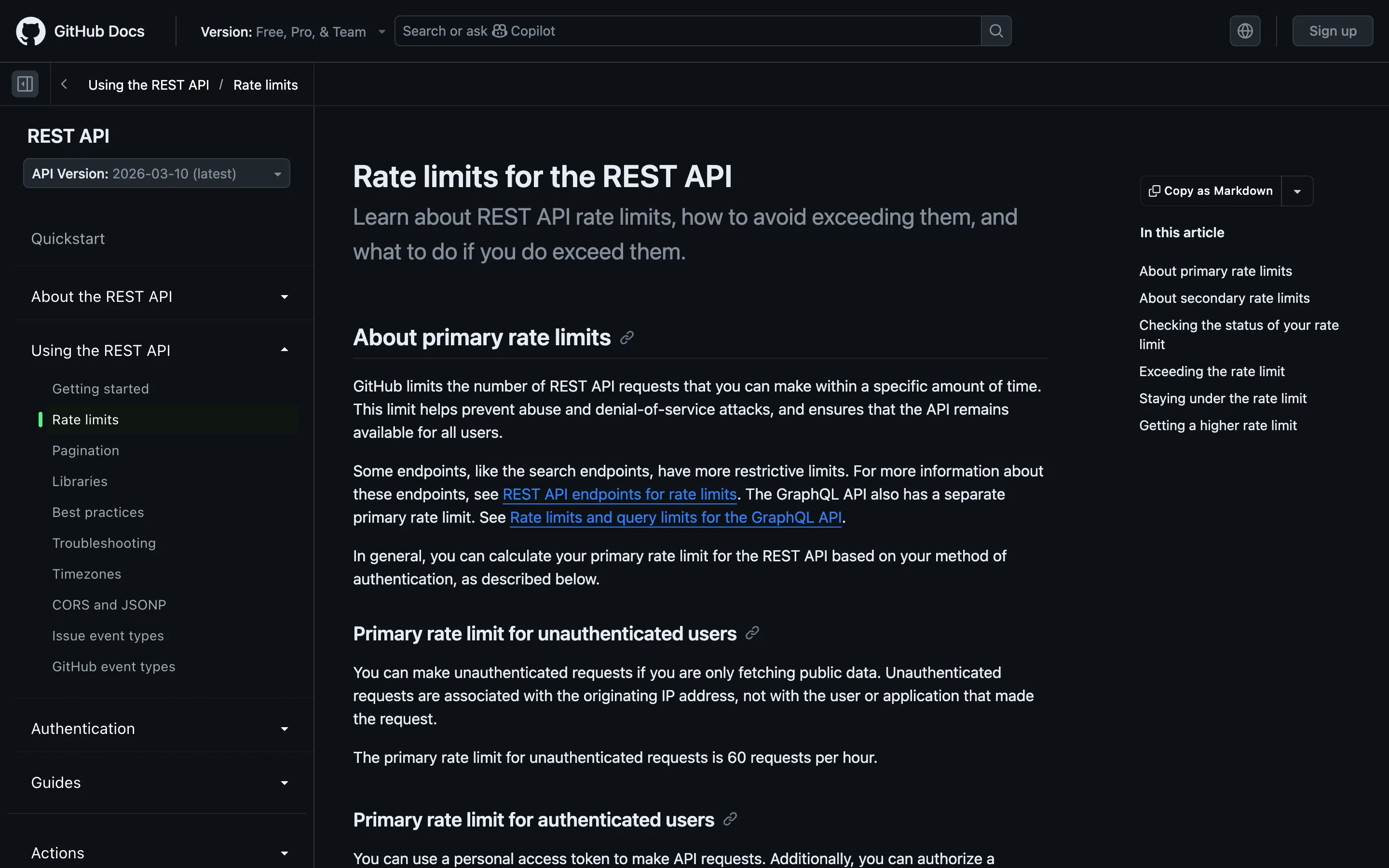 GitHub REST API documentation page on rate limits, listing the primary rate limit of 60 requests per hour for unauthenticated requests and 5,000 per hour for authenticated personal access tokens