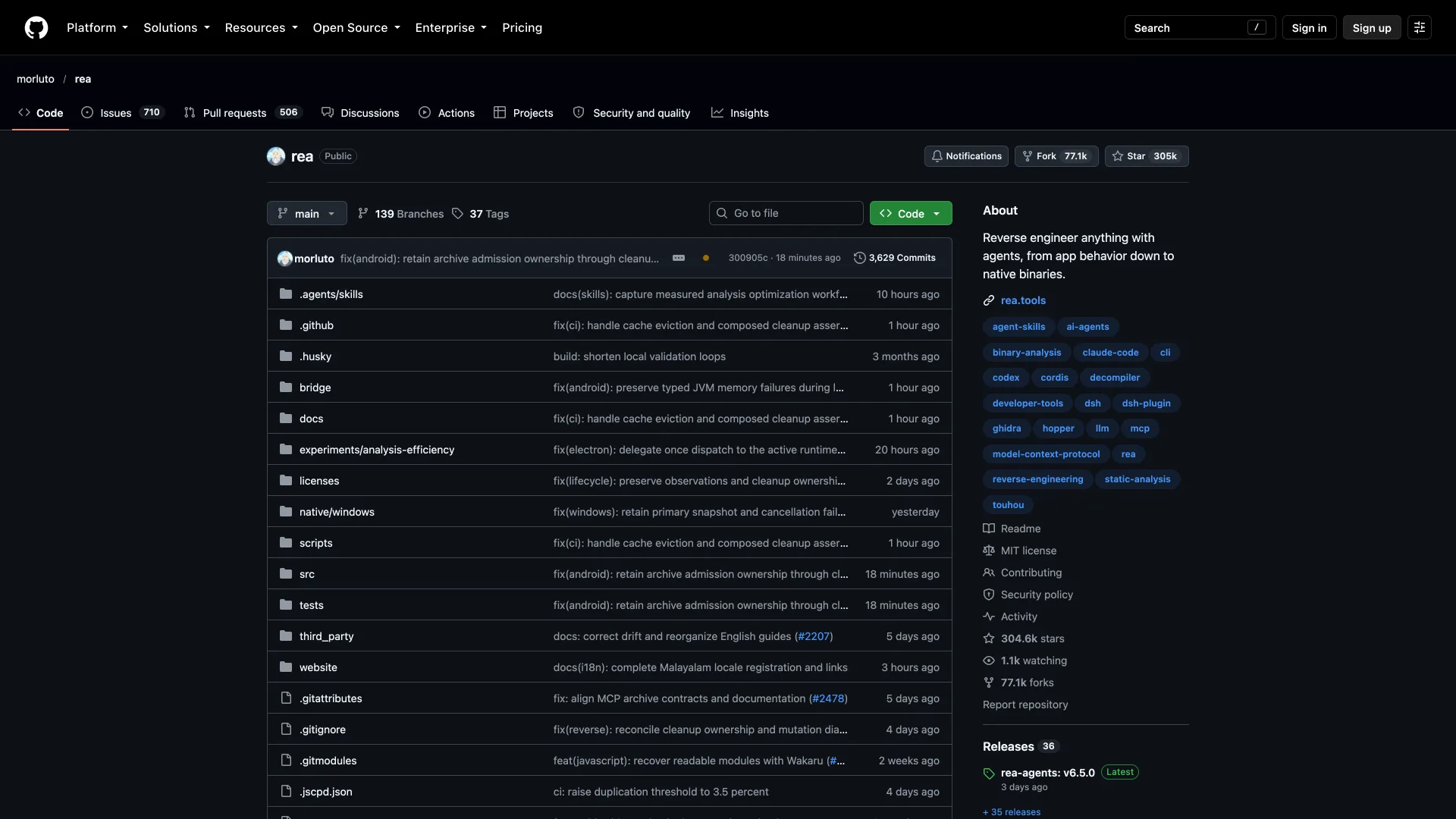 morluto/rea GitHub repository with 304.6k stars, 77.1k forks, the MIT license and rea-agents v6.5.0 as the latest release