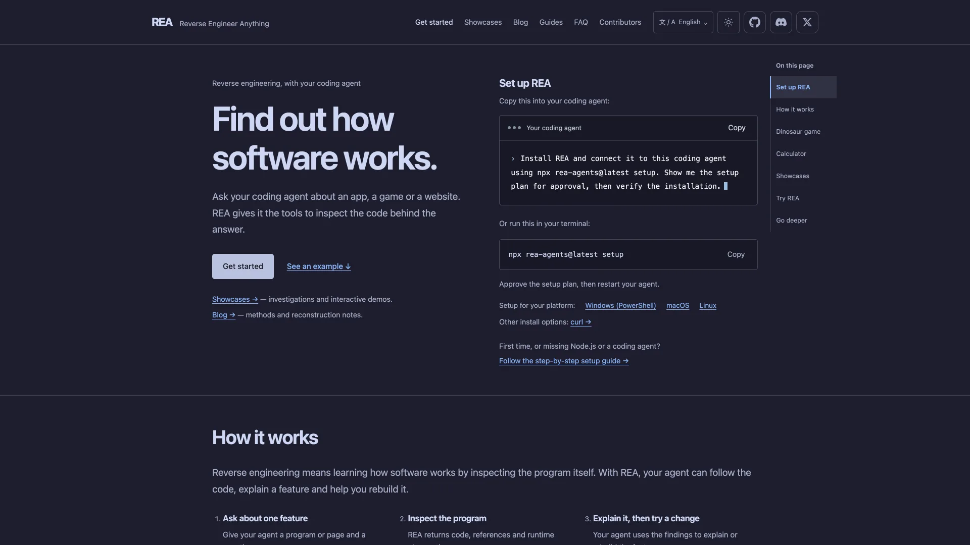 rea.tools homepage headlined "Find out how software works." beside the npx rea-agents@latest setup command