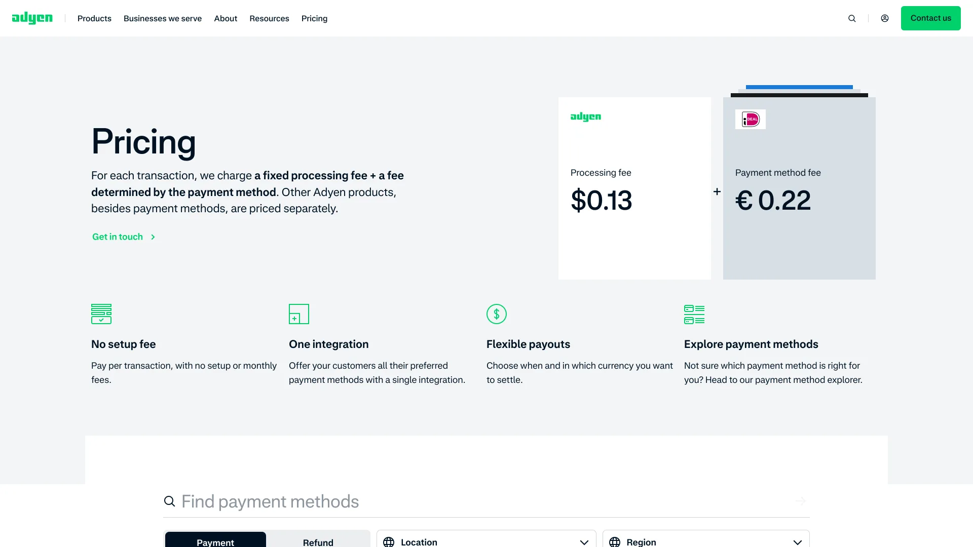 Adyen pricing page explaining a $0.13 processing fee plus a payment method fee