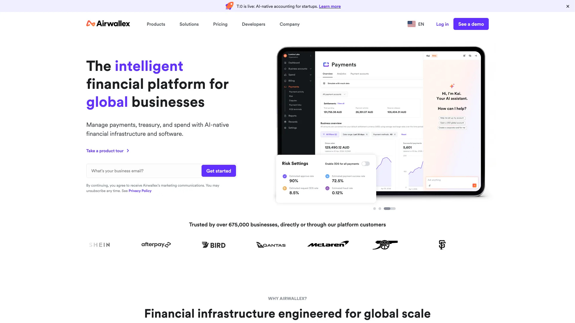 Airwallex US homepage reading "The intelligent financial platform for global businesses" with an AI assistant panel