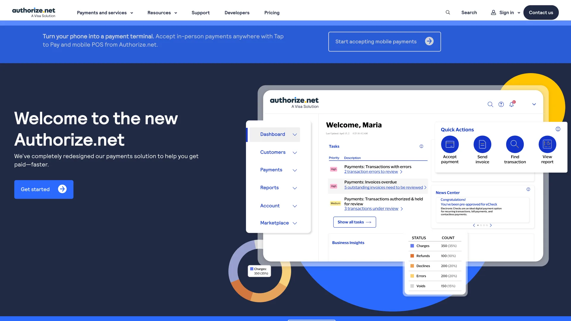 Authorize.net homepage reading "Welcome to the new Authorize.net" beside a dashboard mockup