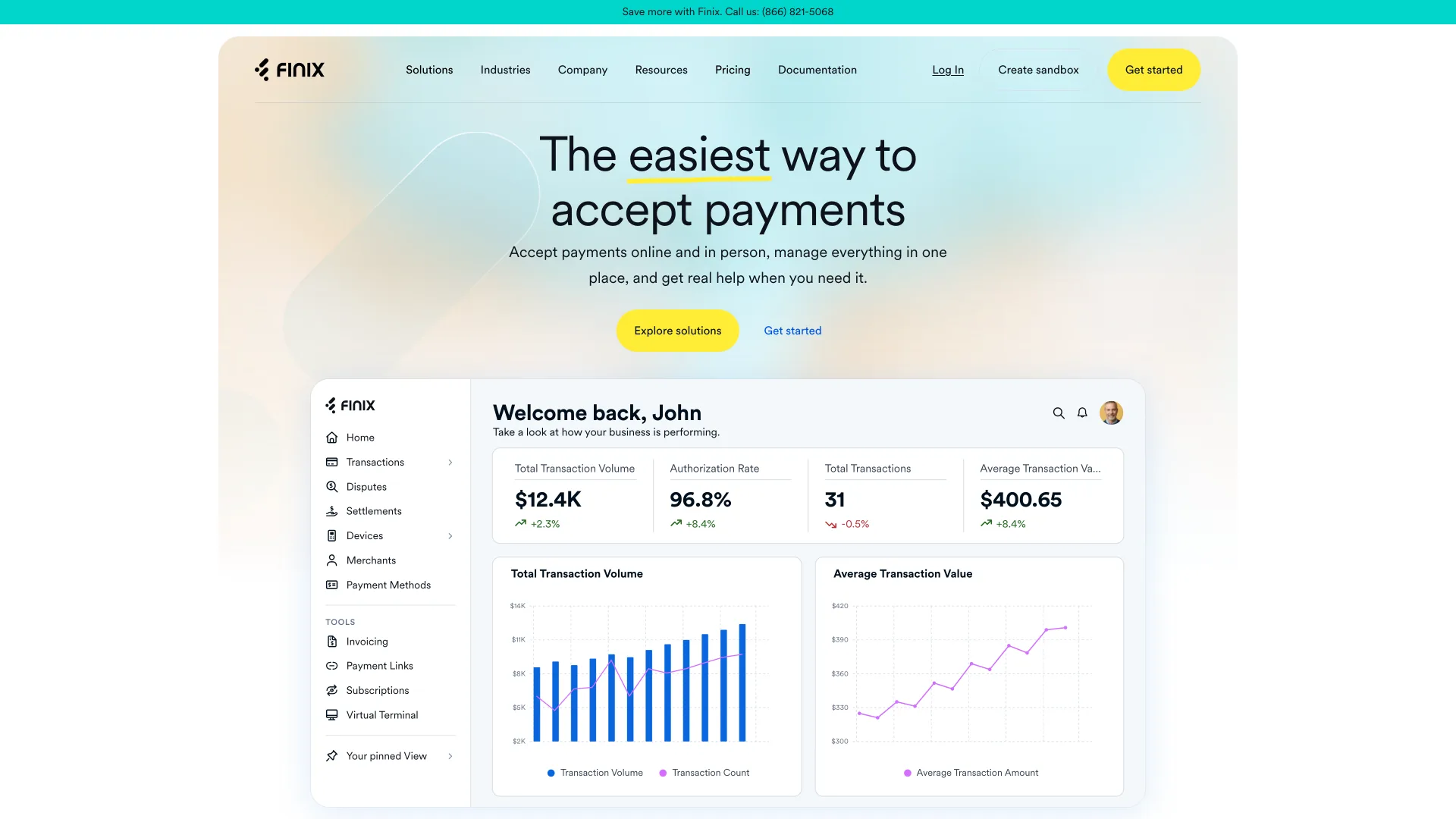 Finix homepage reading "The easiest way to accept payments" above a payments dashboard