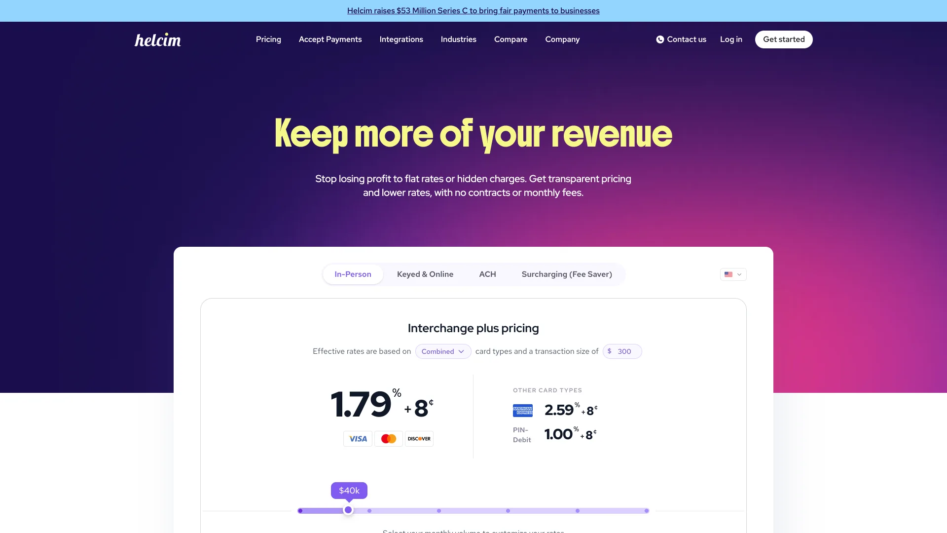 Helcim pricing page reading "Keep more of your revenue" with an interchange-plus calculator