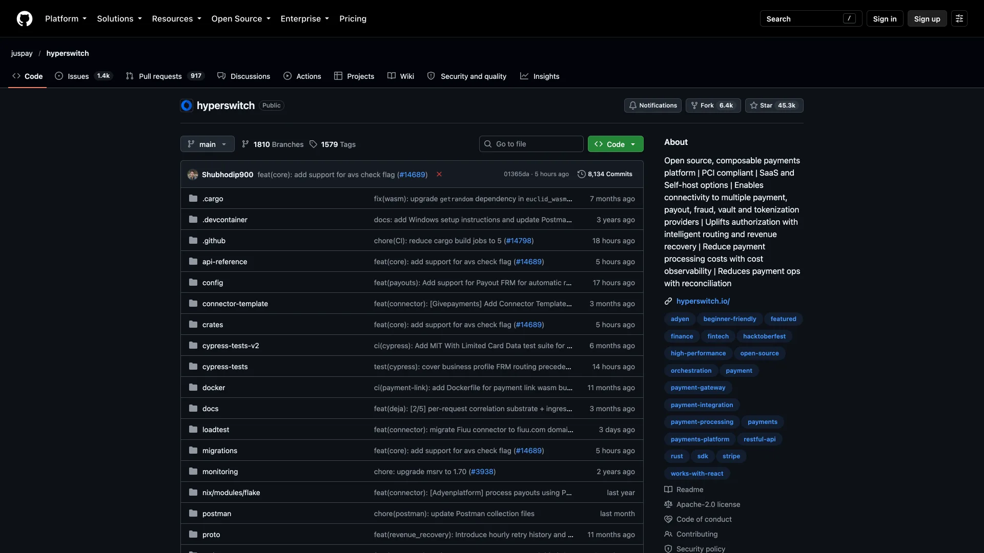 Juspay Hyperswitch GitHub repository with 45.3k stars and an Apache-2.0 license