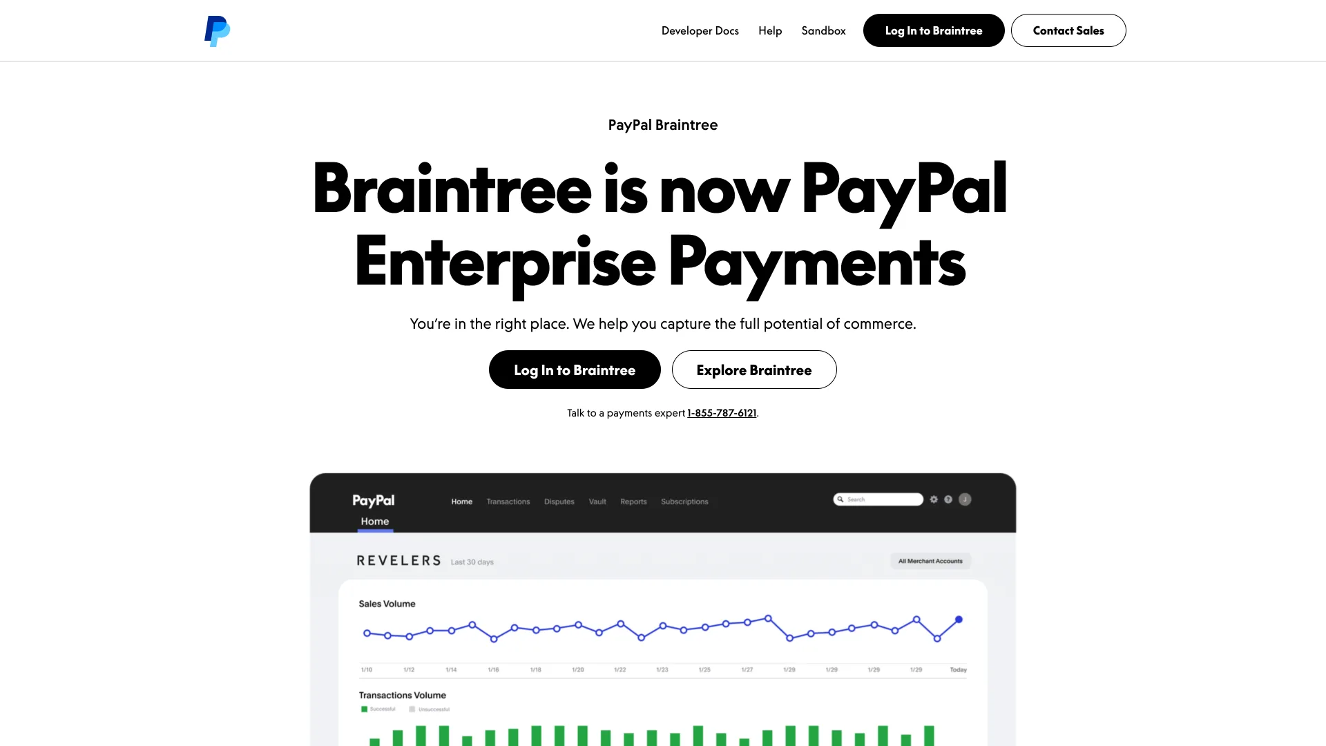 PayPal Braintree page headlined "Braintree is now PayPal Enterprise Payments" above a sales dashboard