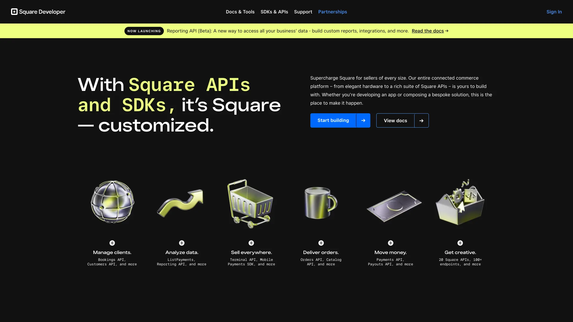 Square Developer homepage promoting Square APIs and SDKs above six API categories