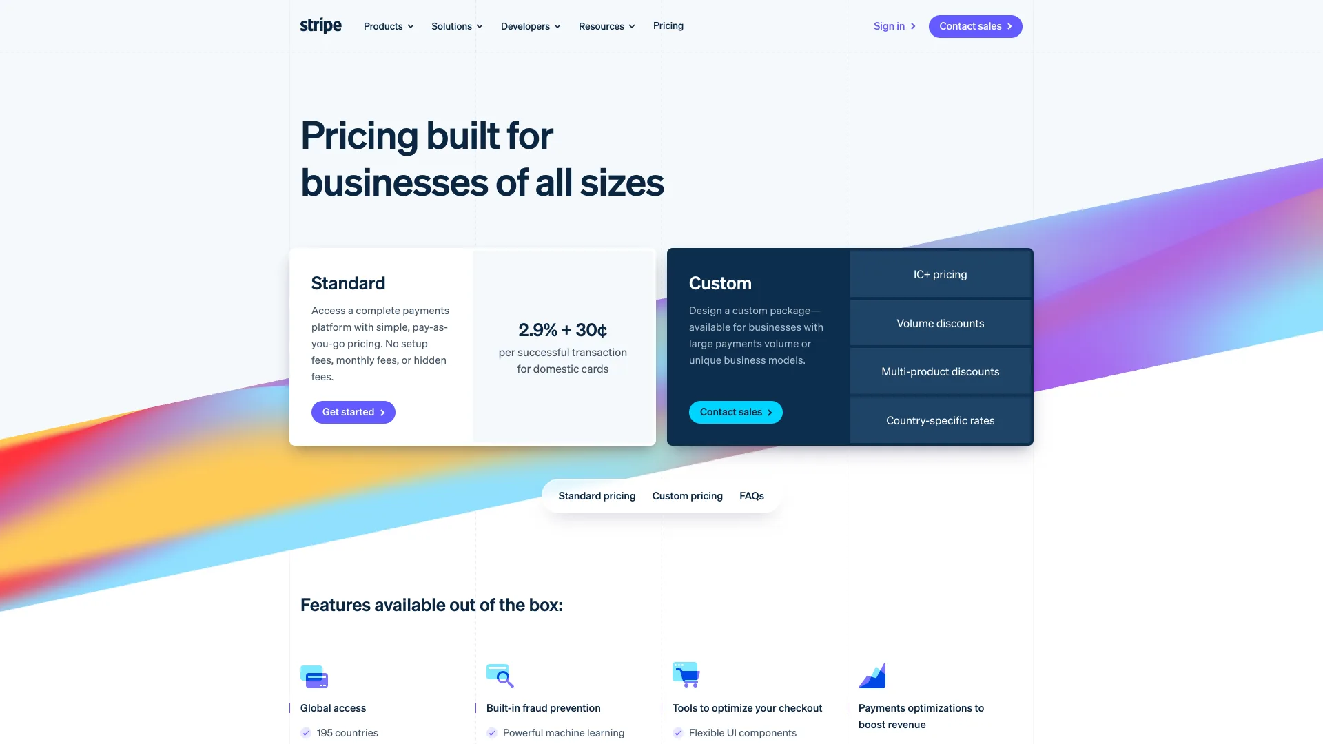Stripe US pricing page with a Standard card showing 2.9% + 30¢ for domestic cards