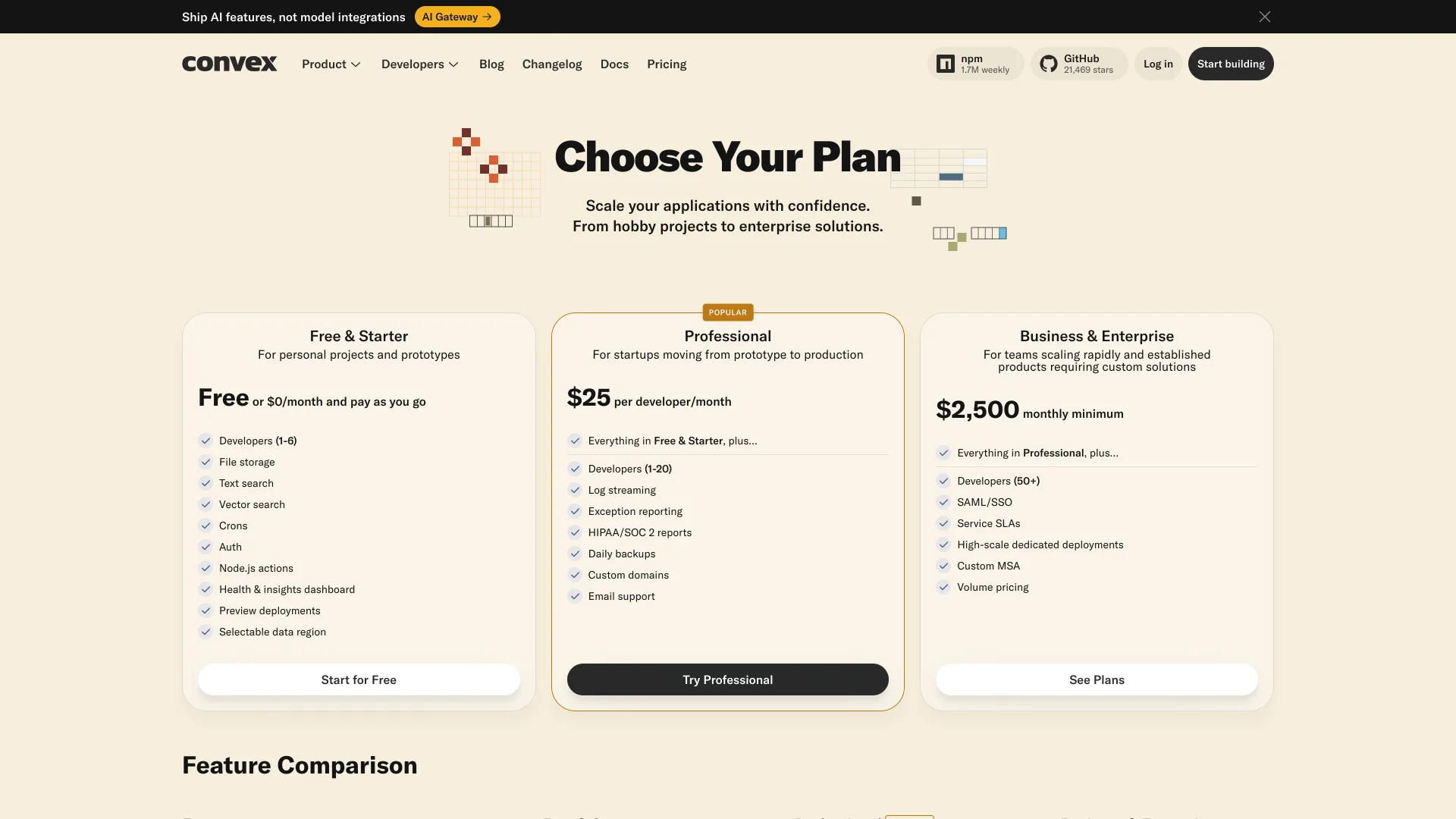 Convex pricing page with Professional at $25 per developer per month between the Free and Business tiers
