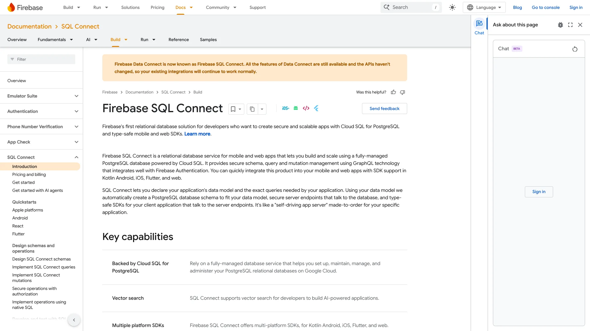 Firebase SQL Connect docs page with a banner saying Data Connect is now SQL Connect, and a Vector search row