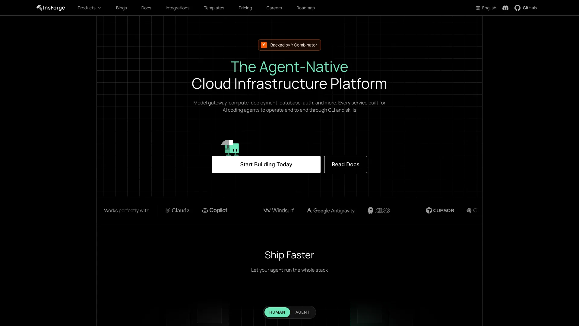 InsForge homepage headlined "The Agent-Native Cloud Infrastructure Platform" under a Y Combinator badge