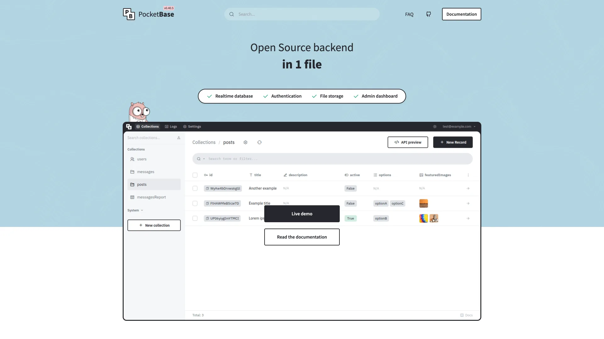 PocketBase homepage headlined "Open Source backend in 1 file" above its collections admin dashboard