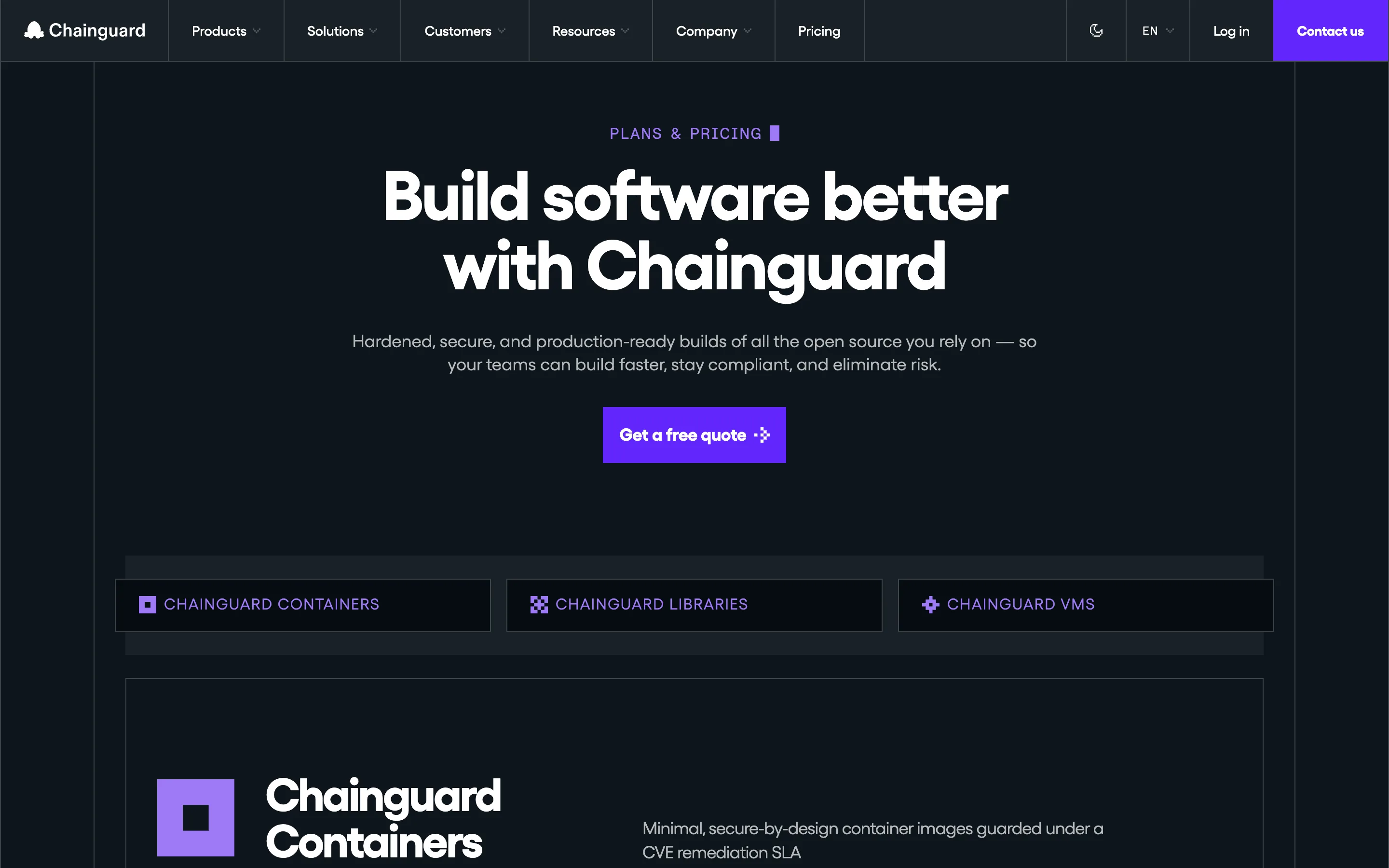 The Chainguard plans and pricing page showing the three product lines Chainguard Containers, Chainguard Libraries and Chainguard VMs, with Containers described as minimal secure-by-design images guarded under a CVE remediation SLA