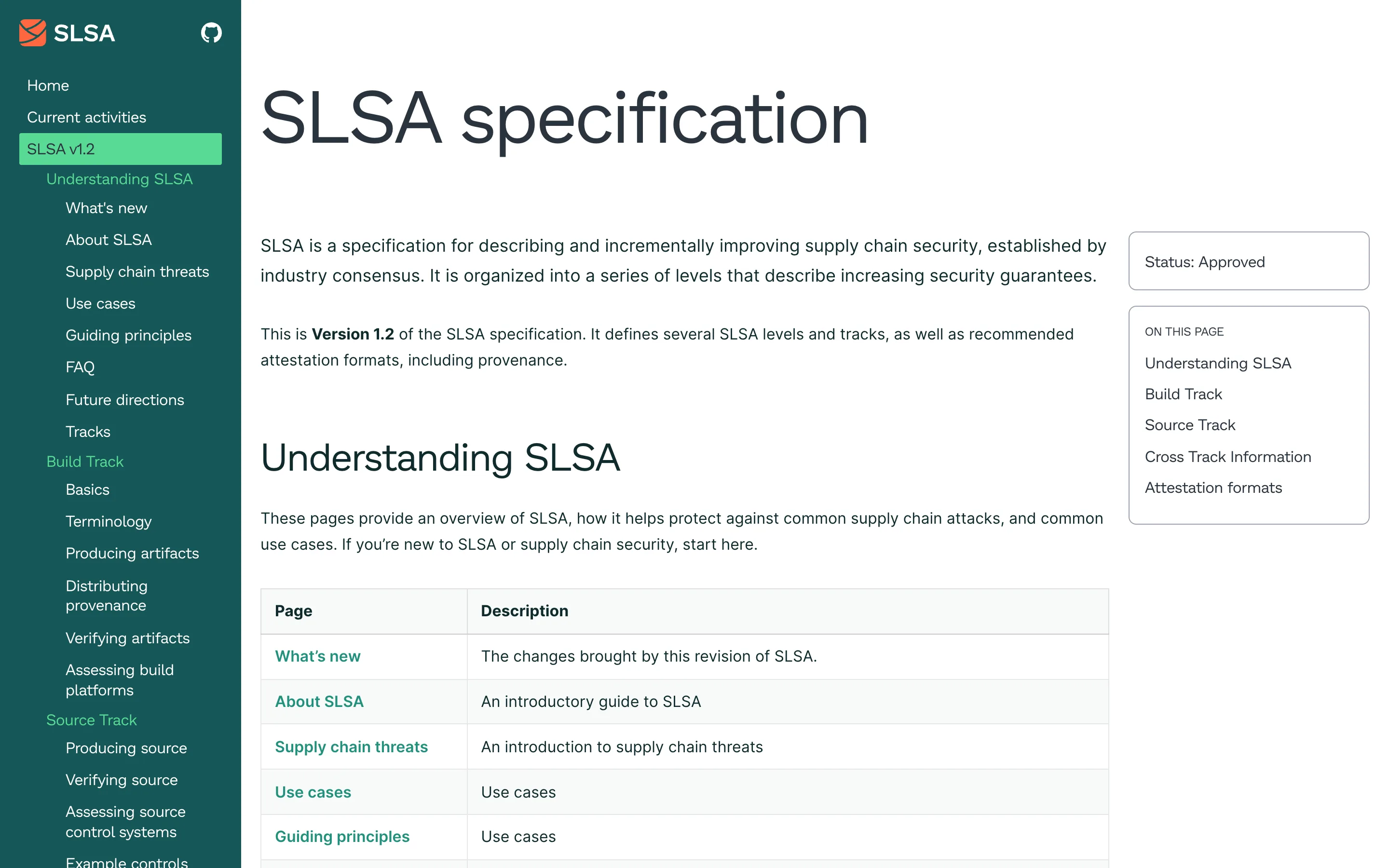 The SLSA specification site showing Version 1.2 marked Status Approved, with the Build Track, Source Track and Cross Track Information sections listed in the sidebar