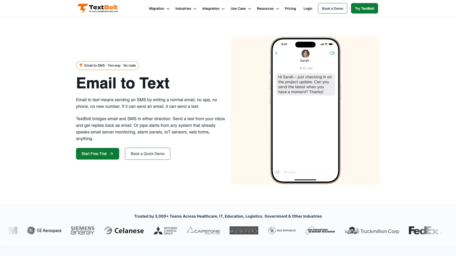 TextBolt homepage showing the Email to Text headline, Start Free Trial and Book a Quick Demo buttons, a phone mockup with a text thread, and a Trusted by 3,000+ Teams row of customer logos