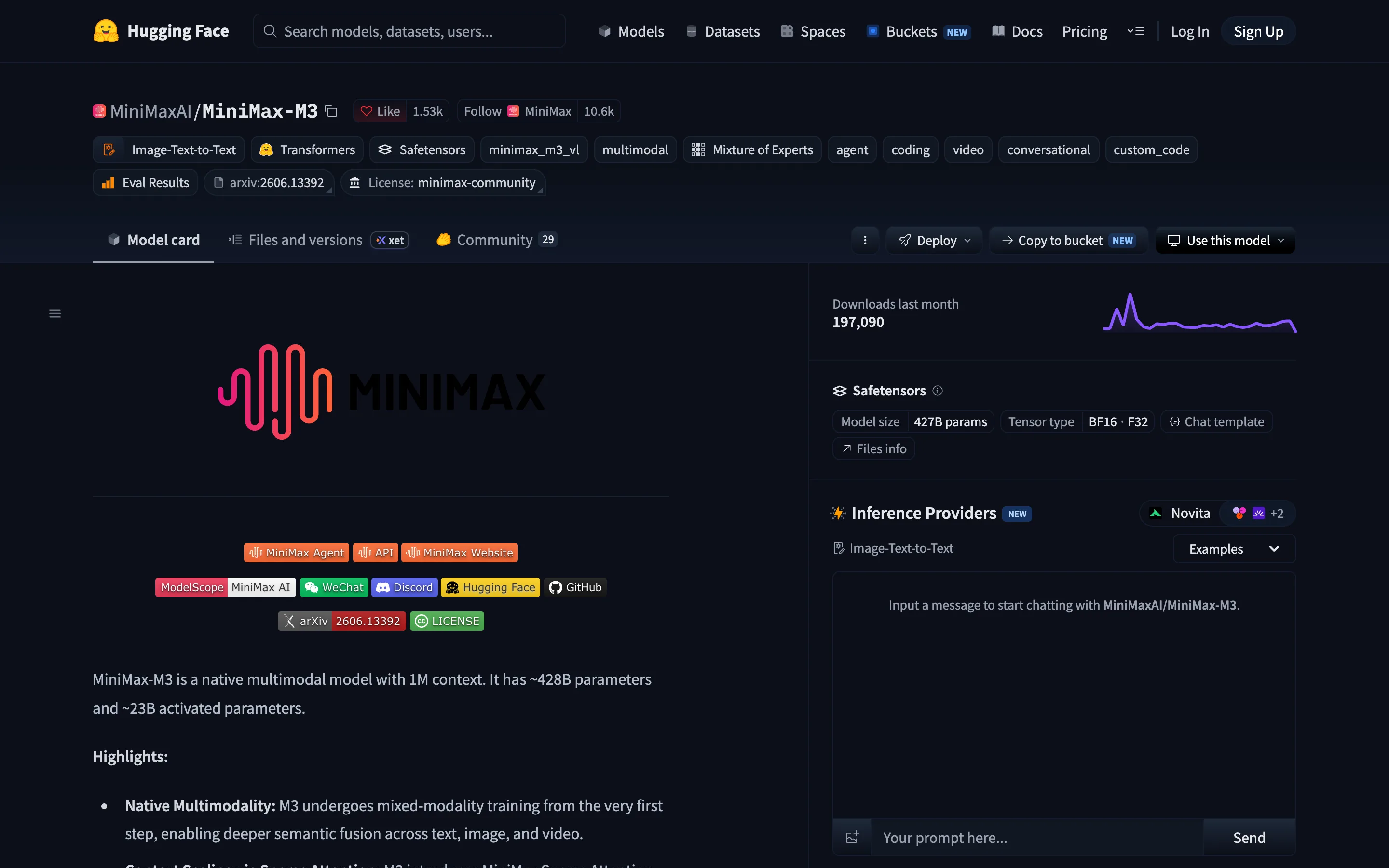 Hugging Face model card for MiniMaxAI/MiniMax-M3, a native multimodal Mixture of Experts model with 427B parameters, showing 197,090 downloads last month